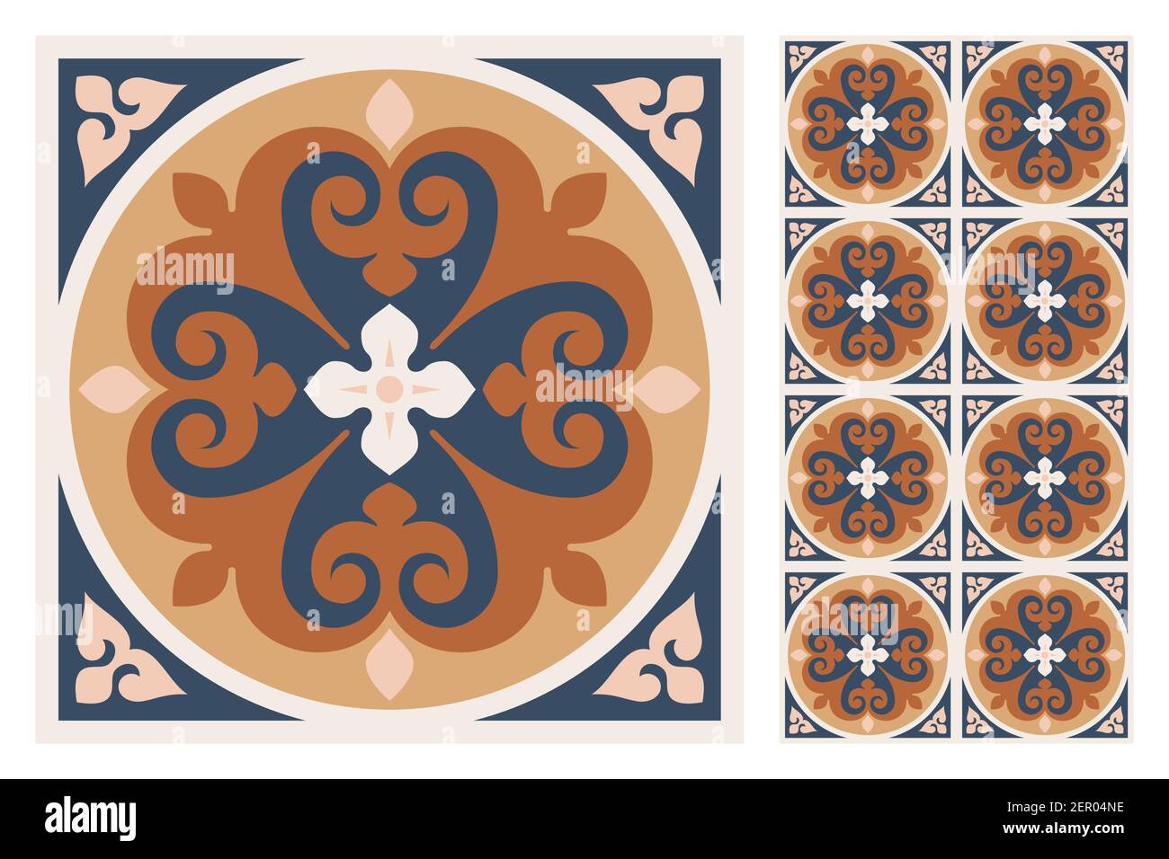 Satz gemusterter Azulejo-Bodenfliesen. Abstrakter geometrischer Hintergrund. Vektor-Illustration, nahtlose mediterrane Muster. Portugiesische Bodenfliesen azule Stock Vektor