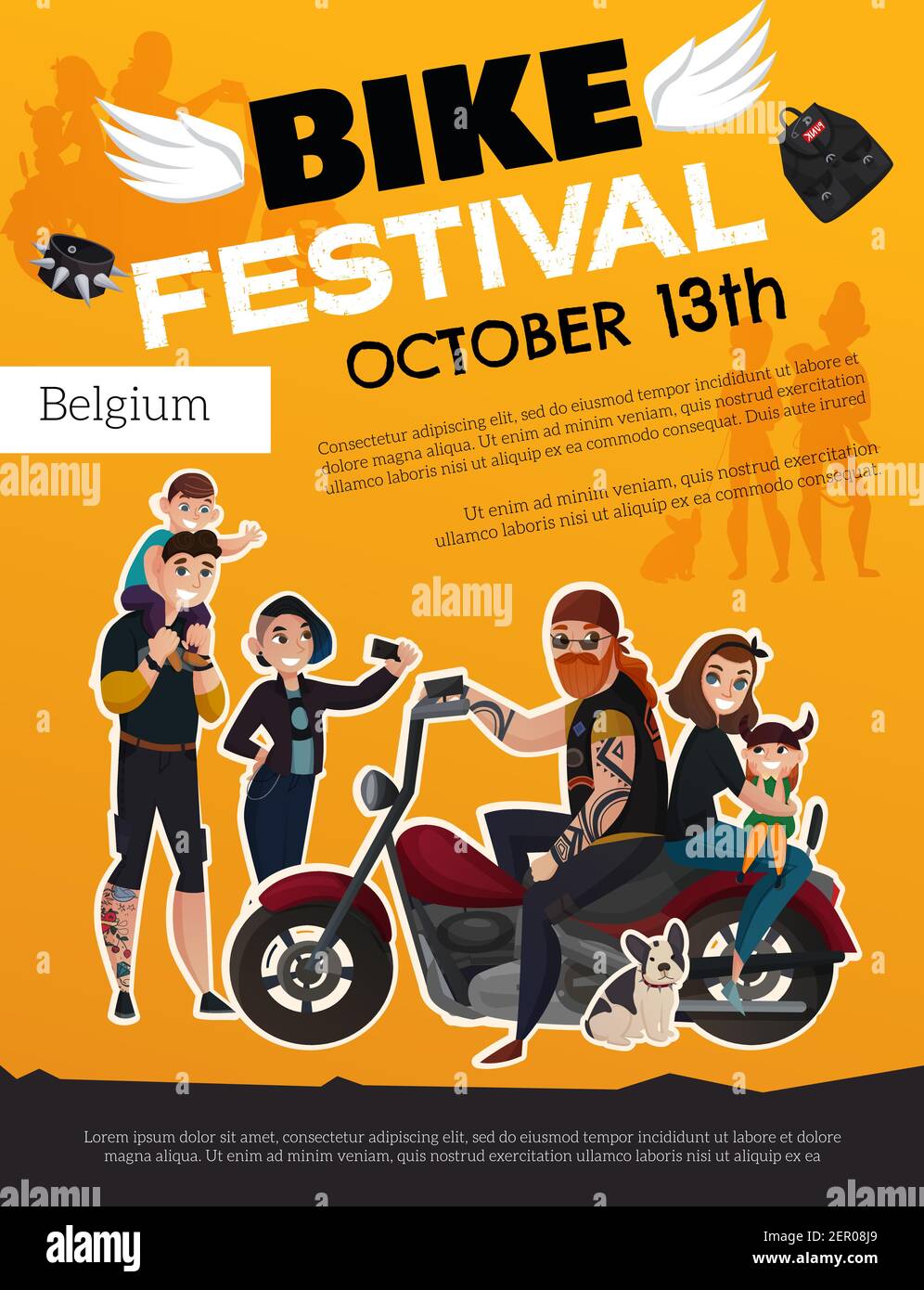 Bike Festival Poster mit Menschen aus Subkulturen Metalheads und Motor Reiter auf orangenen Hintergrund Cartoon Vektor Illustration Stock Vektor