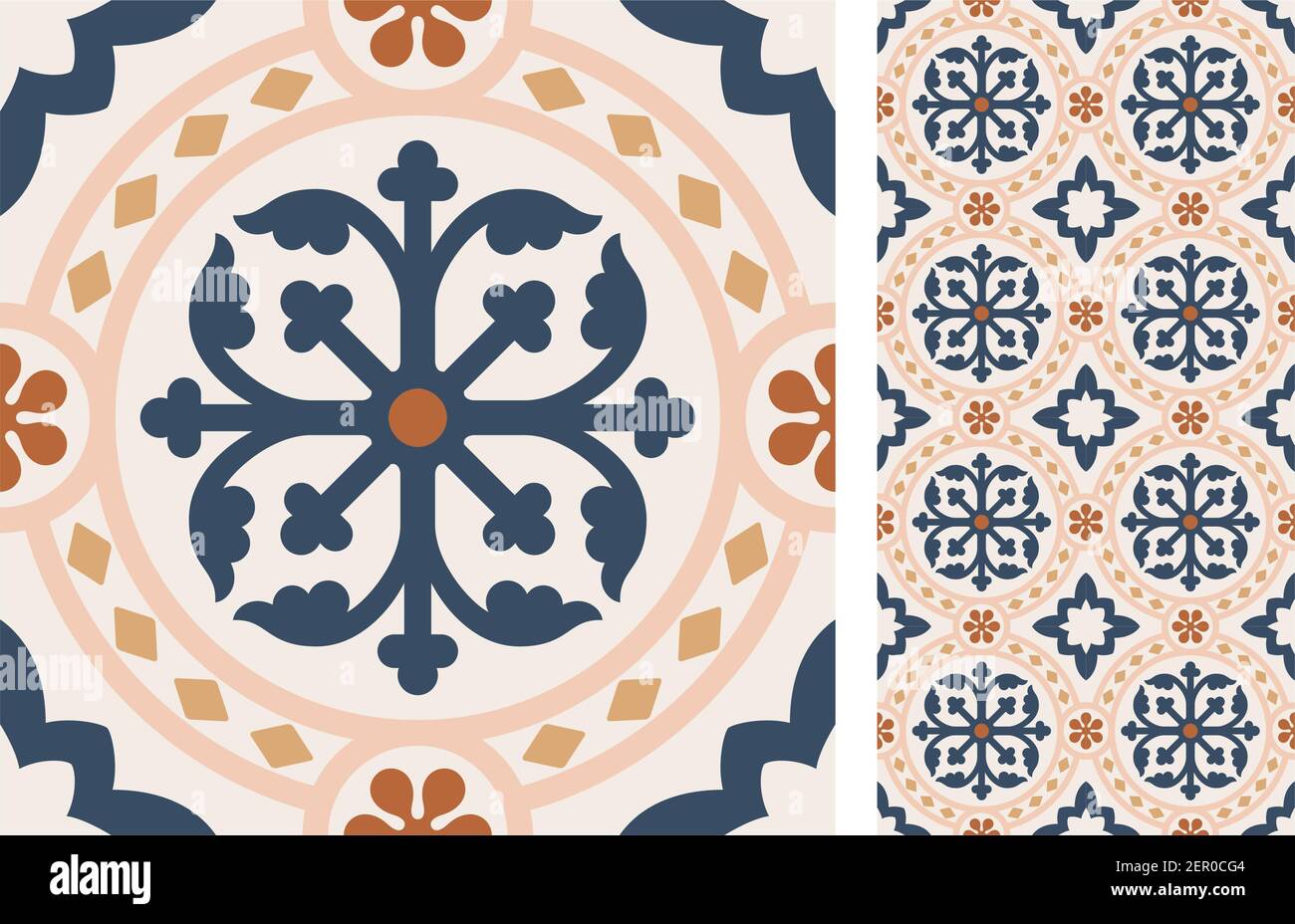 Satz gemusterter Azulejo-Bodenfliesen. Abstrakter geometrischer Hintergrund. Vektor-Illustration, nahtlose mediterrane Muster. Portugiesische Bodenfliesen azule Stock Vektor