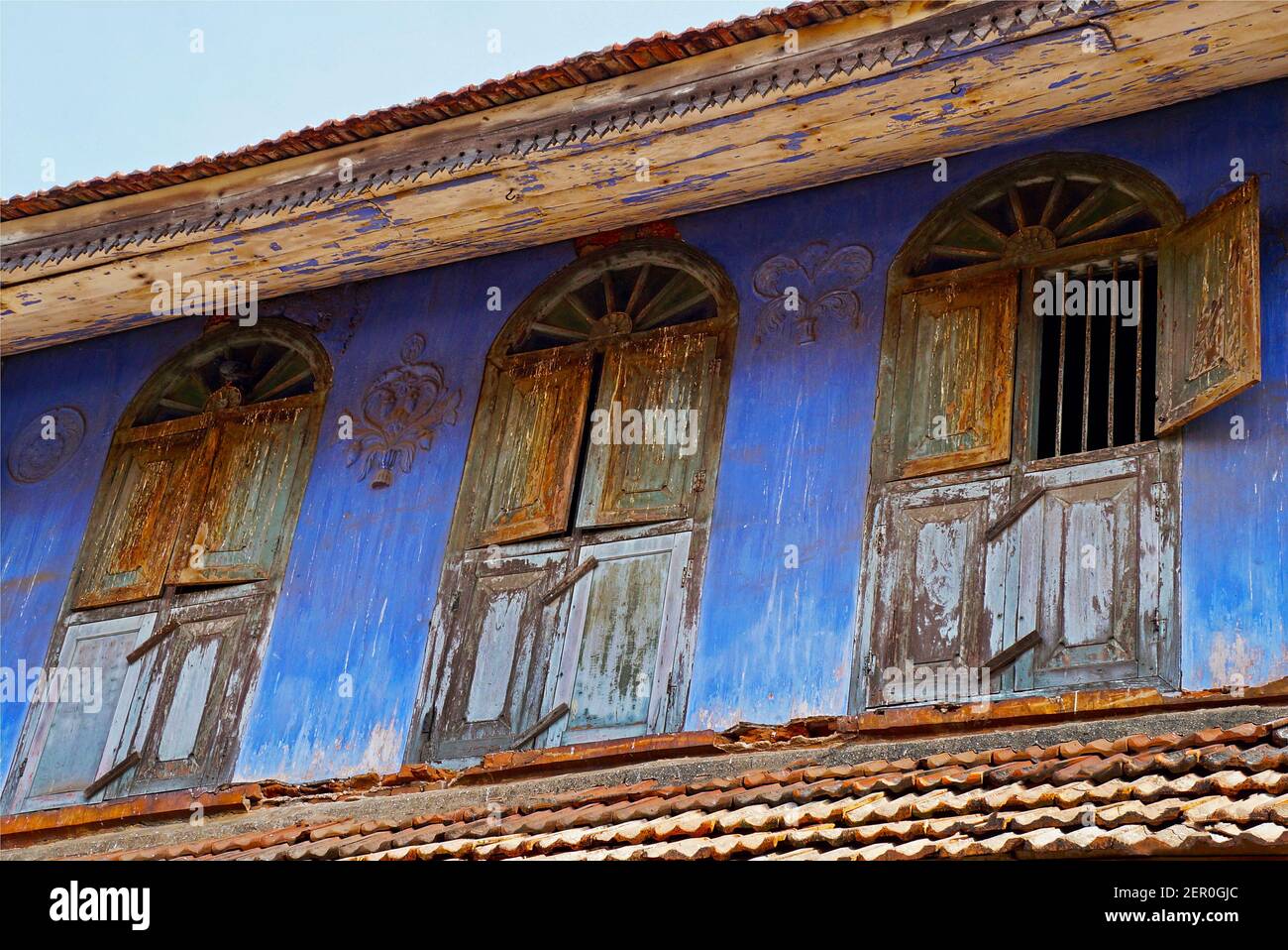 Drei Fenster. Altes jüdisches Viertel in Kochi, Kerala, Indien Stockfoto