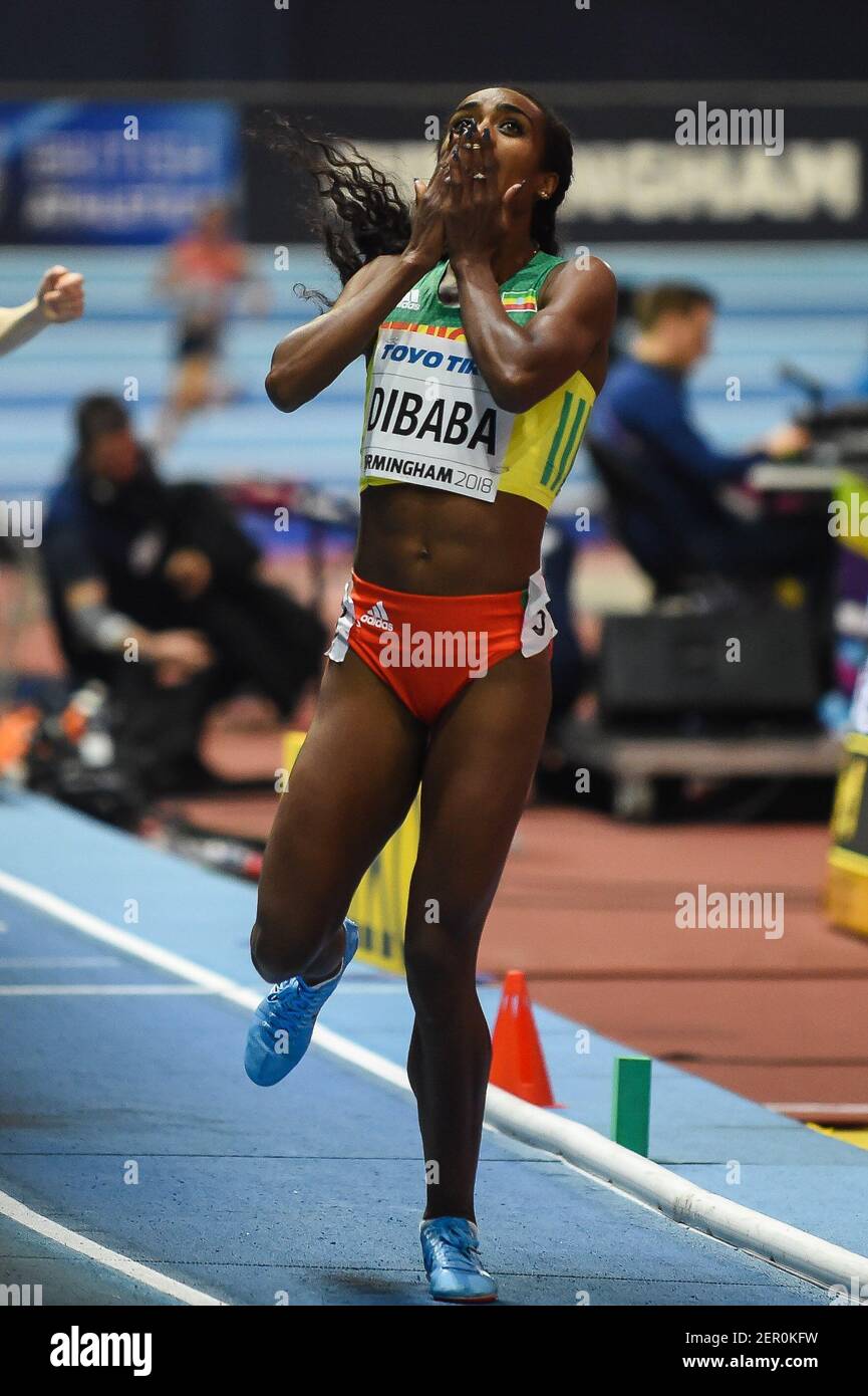 3. März 2018: Genzebbe Dibaba ofÂ Äthiopien gewinnt 1500 Meter bei der Leichtathletik-Weltmeisterschaft 2018 in Birmingham, England. (Foto von Ulrik Pedersen/CSM/Sipa USA) Stockfoto