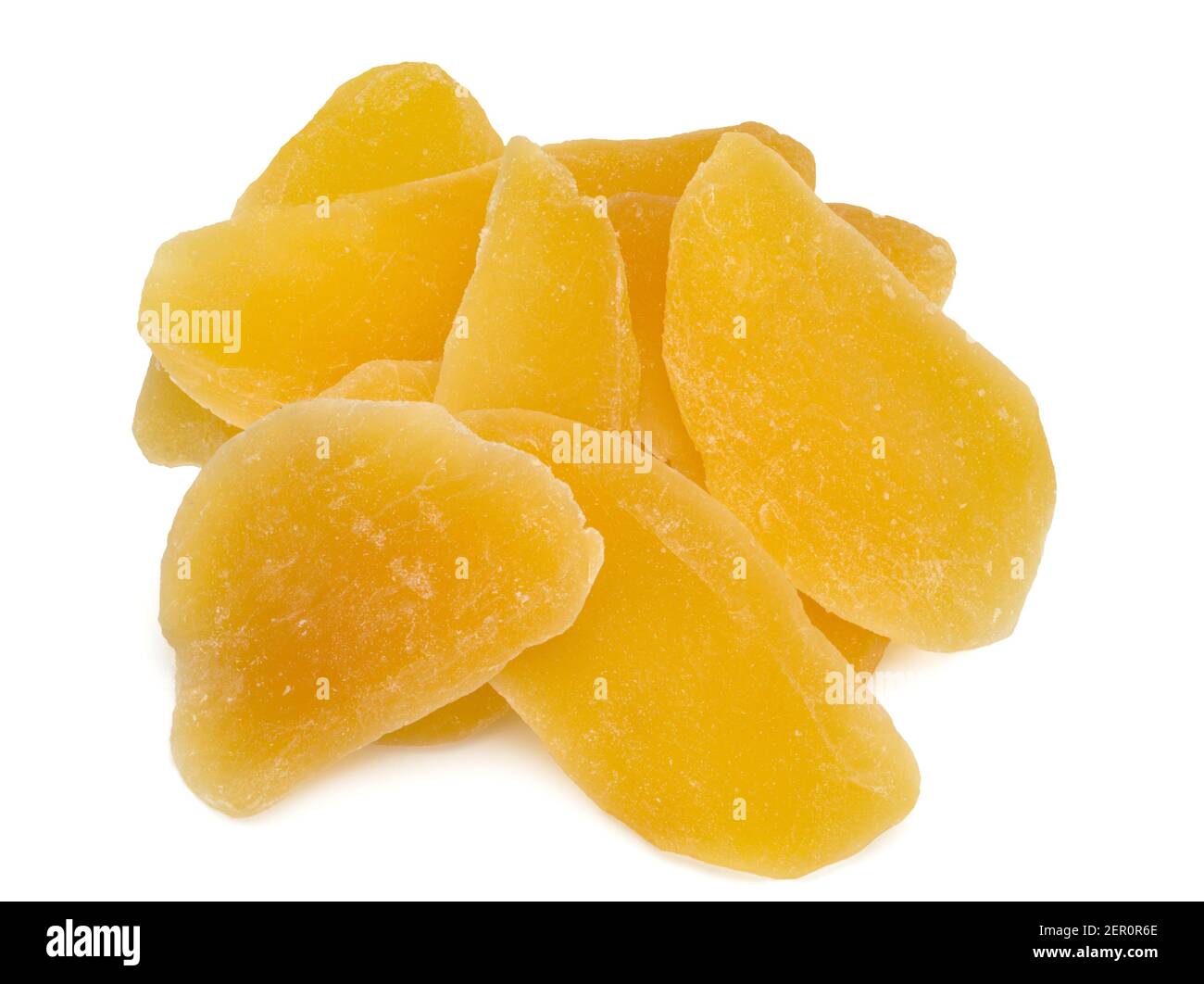 Getrocknete Mangoscheiben . Kandierte Scheiben Mangofrucht aus der Nähe. Stockfoto