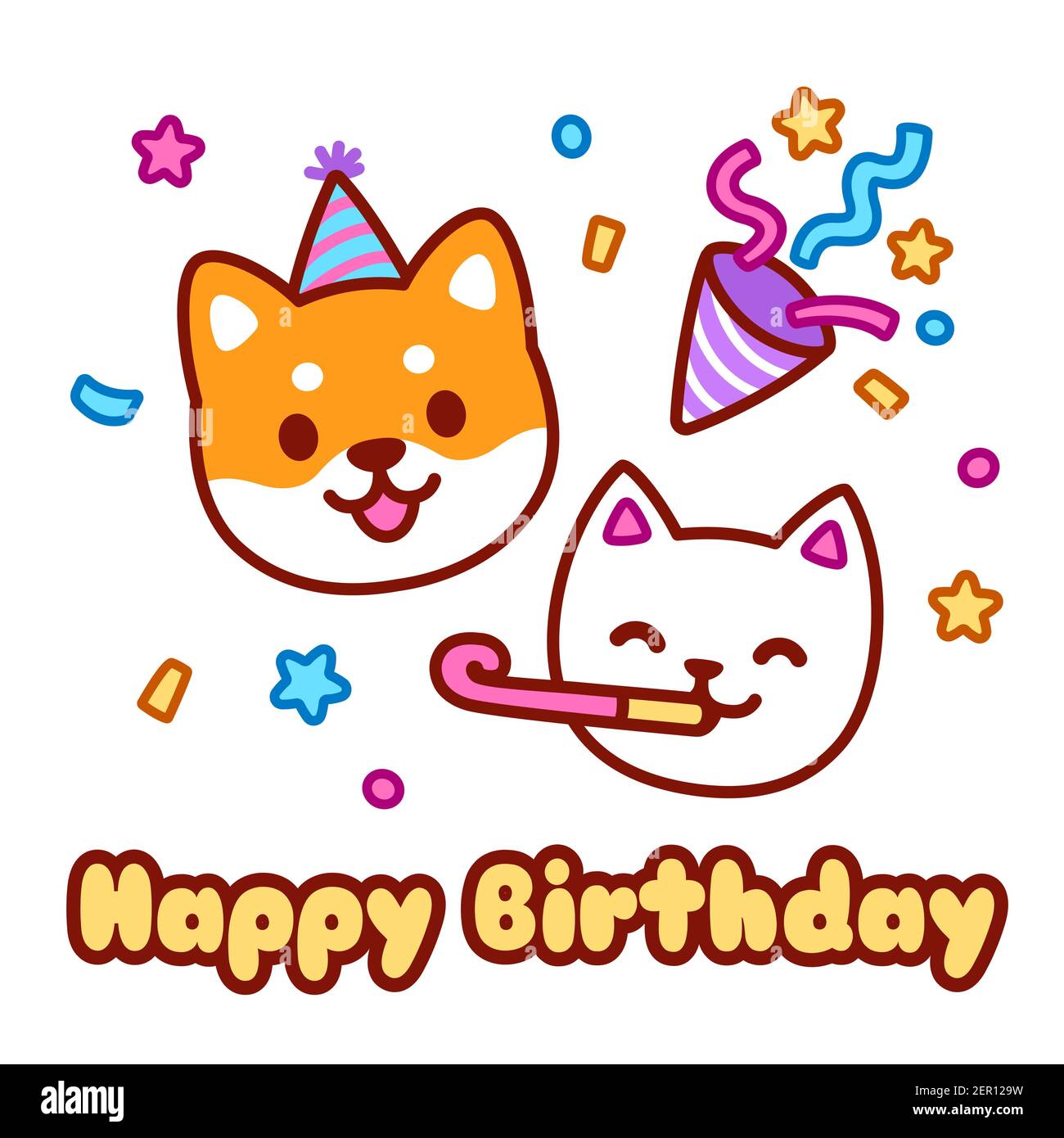 Cute Cartoon Katze und Hund Charakter feiert auf Geburtstagsfeier. Happy Birthday Grußkarte Design. Kawaii Vektordarstellung. Stock Vektor