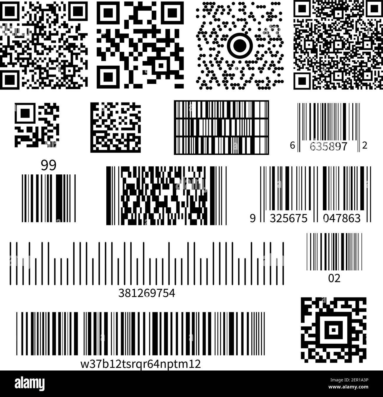 Universal-Produkt-Code Barcode-Typen realistische Set mit zweidimensionalen Matrix Symbole und Zahlen System Vektor Illustration Stock Vektor