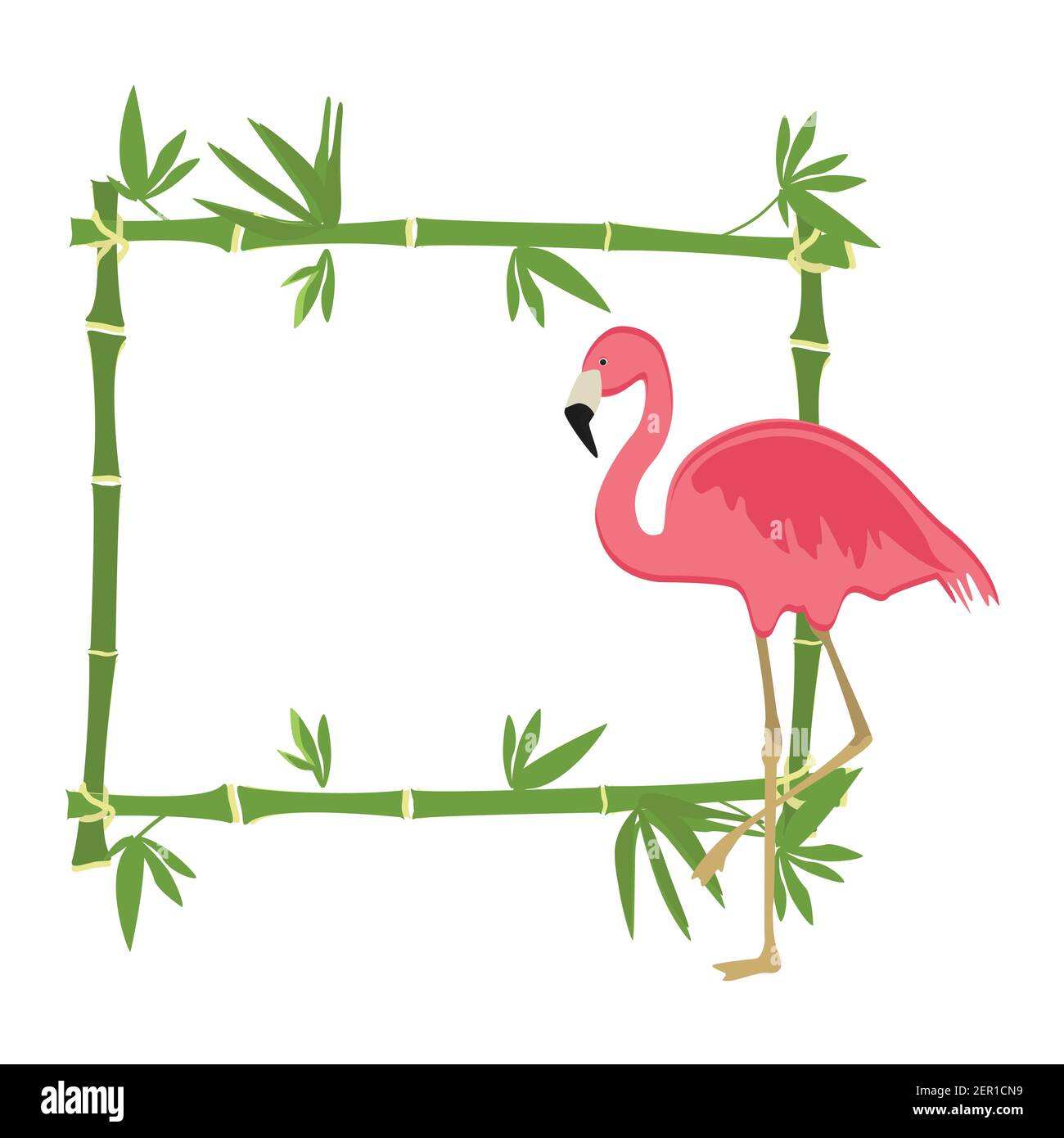 Vektor-Illustration tropische Insel Rahmen, Grenze, Poster mit exotischen Pflanzen und Vögel. Bambusrahmen. Rosa Flamingo Stock Vektor