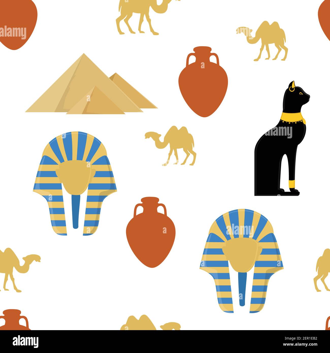 Vektor-Illustration ägypten nahtlose Muster mit Symbolen von Ägypten. Ägypten Katze, gizeh Pyramiden, Amphora, Kamel und pharao Maske Stock Vektor