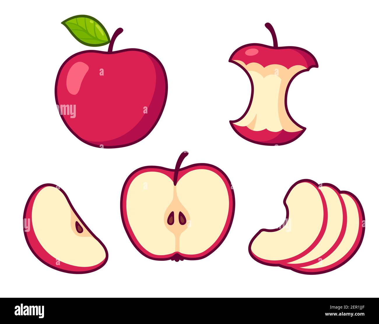 Roter Apfel Cartoon-Set. Ganze Frucht und Kern, Schnittquerschnitt des geschnittenen Apfels, Scheiben. Isolierte Vektor-Clip Art-Illustration. Stock Vektor