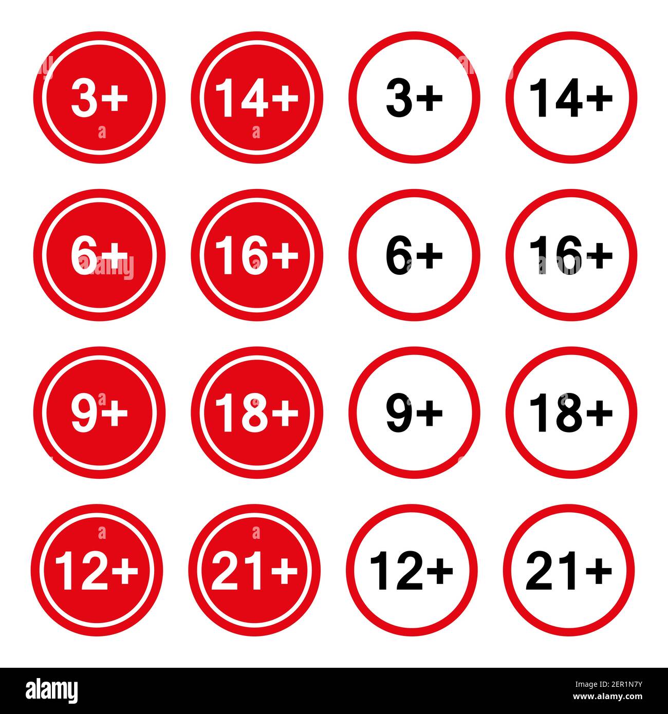 Satz von Altersbeschränkung Abzeichen, 3 , 6 , 9 , 12 , 14 , 16 , 18 , 21 . Isoliert auf weißem Hintergrund flache Vektordarstellung Stock Vektor