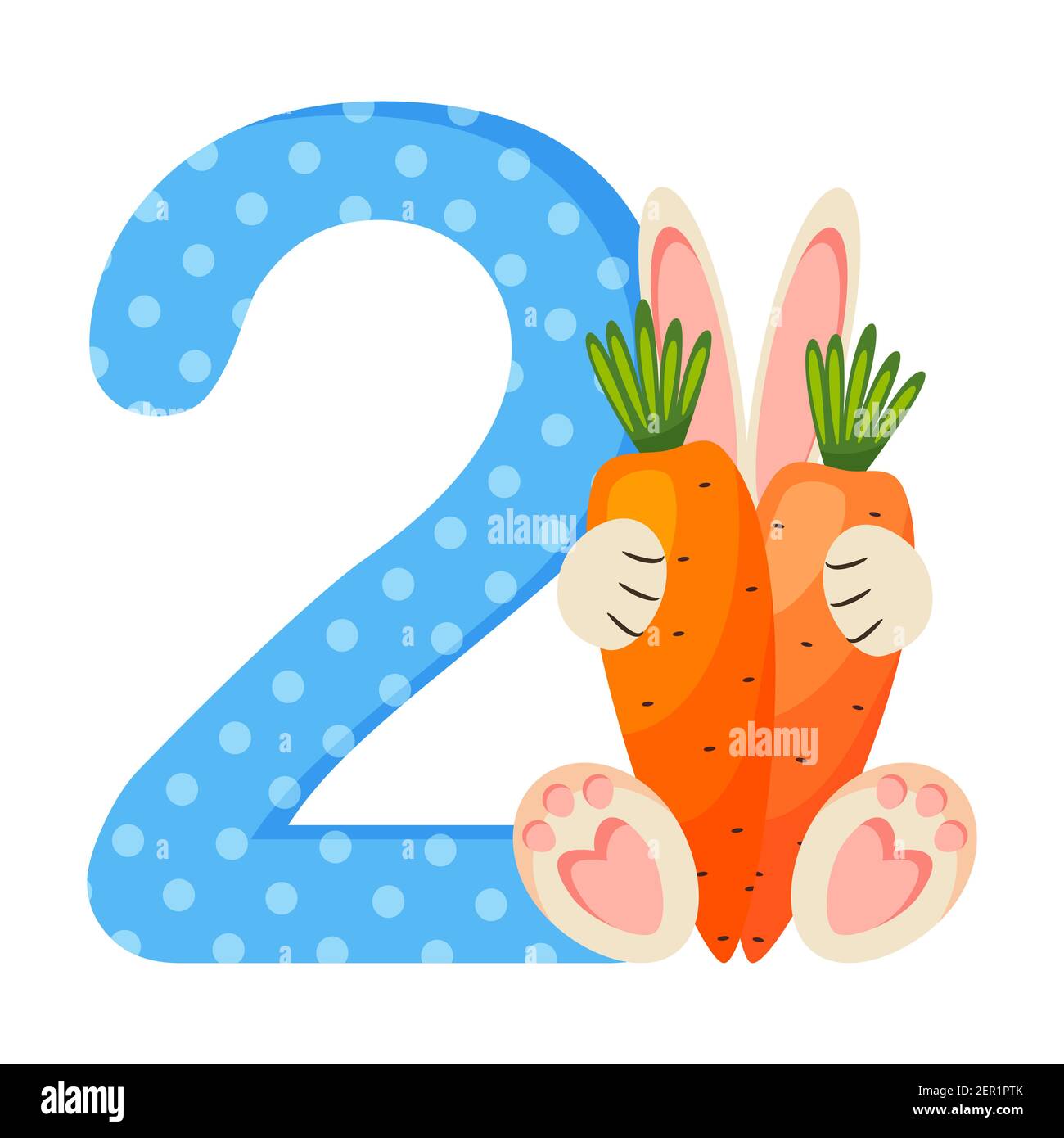 Nummer 2 zwei für Kinder. Lernen Sie mit lustigen Hasen zu zählen. Vektorgrafik. Stock Vektor