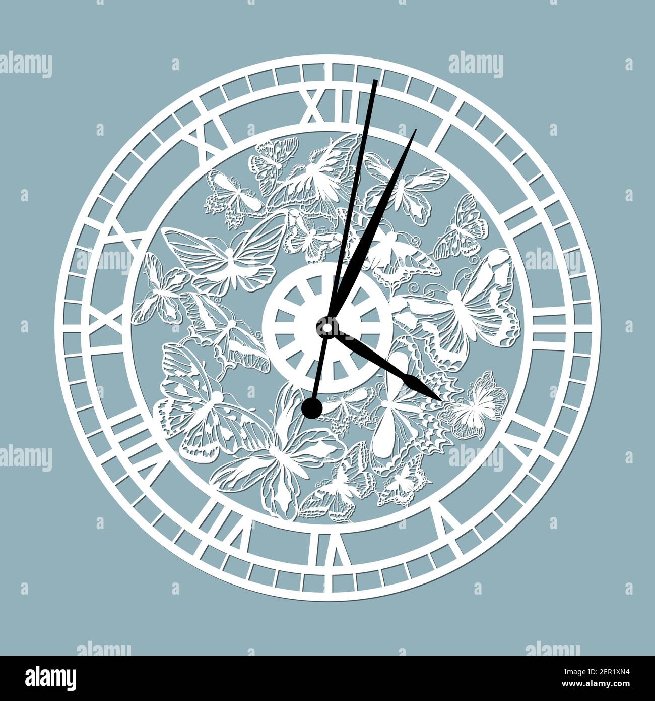 Einfaches Ziffernblatt mit römischen Ziffern und Schmetterlingen. Vektorvorlage für Laserschnitt. Silhouette des Zifferblatts auf grauem Hintergrund isoliert. Blumenmotiv von Stock Vektor