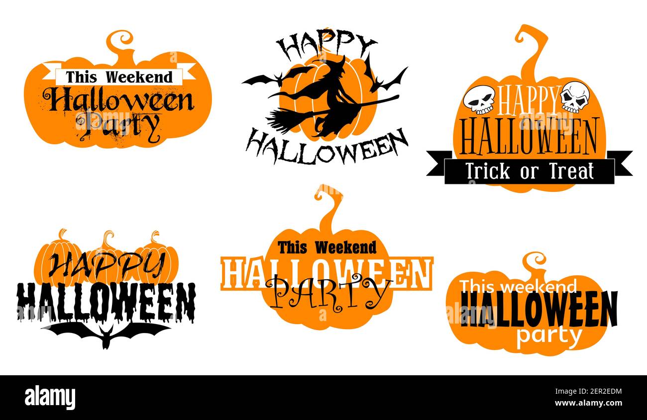 Happy Halloween isolierte Symbole mit Typografie-Set. Unheimliche Vektor-Symbole mit orangen Kürbissen, schwarzen Silhouetten von Fledermäusen, Hexe fliegen auf Besen Stock Vektor
