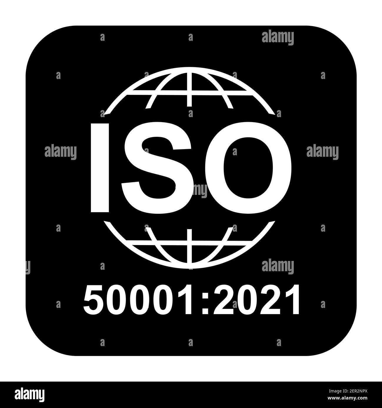 ISO 50001:2021-Symbol. Energiemanagement. Symbol für Standardqualität. Vektor-Button-Zeichen auf schwarzem Hintergrund isoliert. Stock Vektor