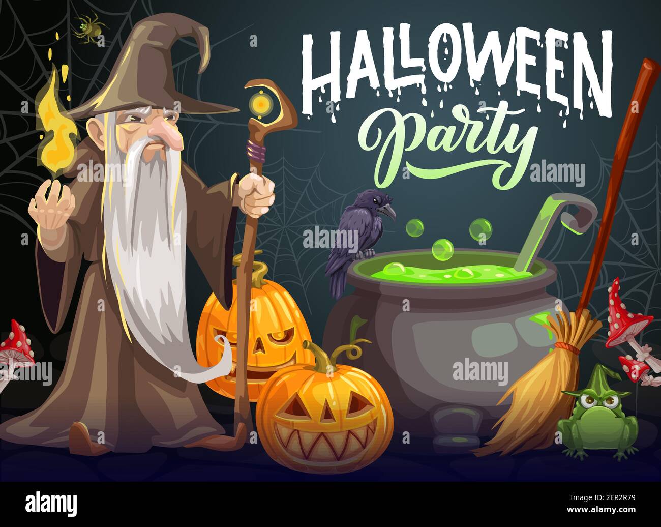 Halloween Party Cartoon Vektor Poster. Zauberer mit langem weißen Bart, Kleid und Hut halten magischen Stab und Feuer in der Nähe Kessel mit grünem Trank. Halloween Stock Vektor