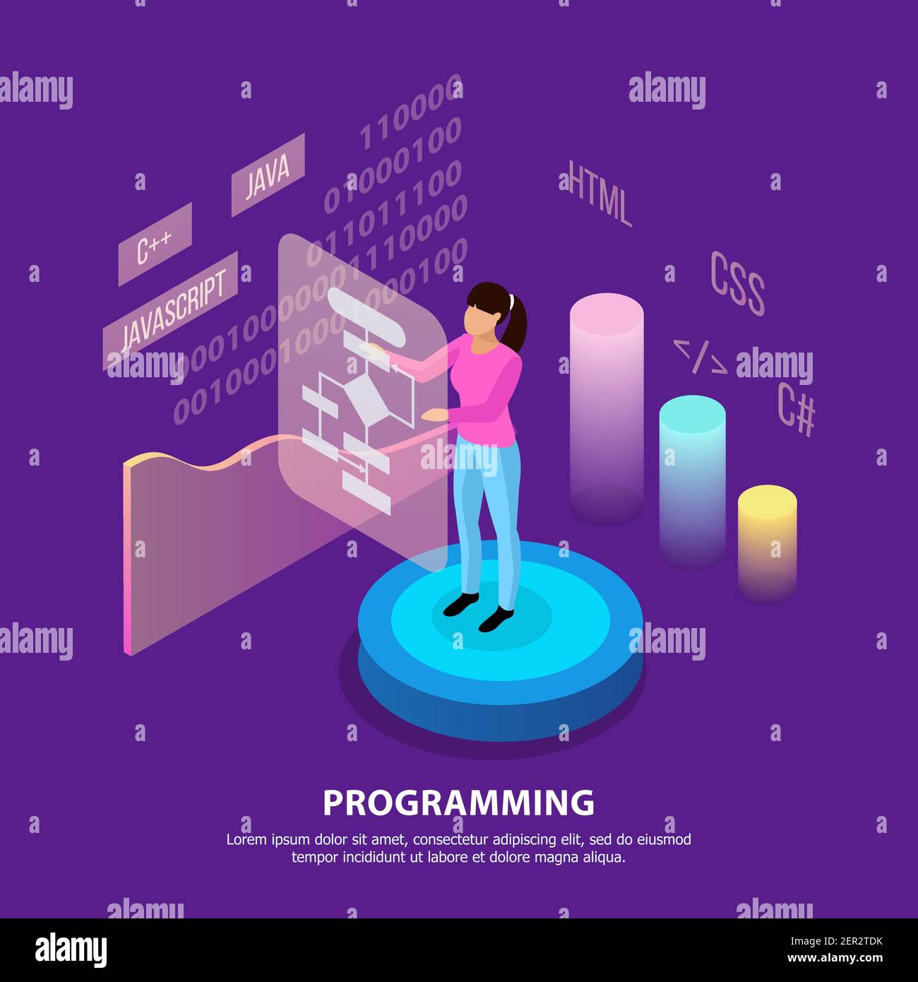 Freelance Programmierung isometrische Hintergrundkomposition mit Infografik Bilder Menschen Zeichen Und bearbeitbaren Text mit bunten Bildern Vektor illust Stock Vektor