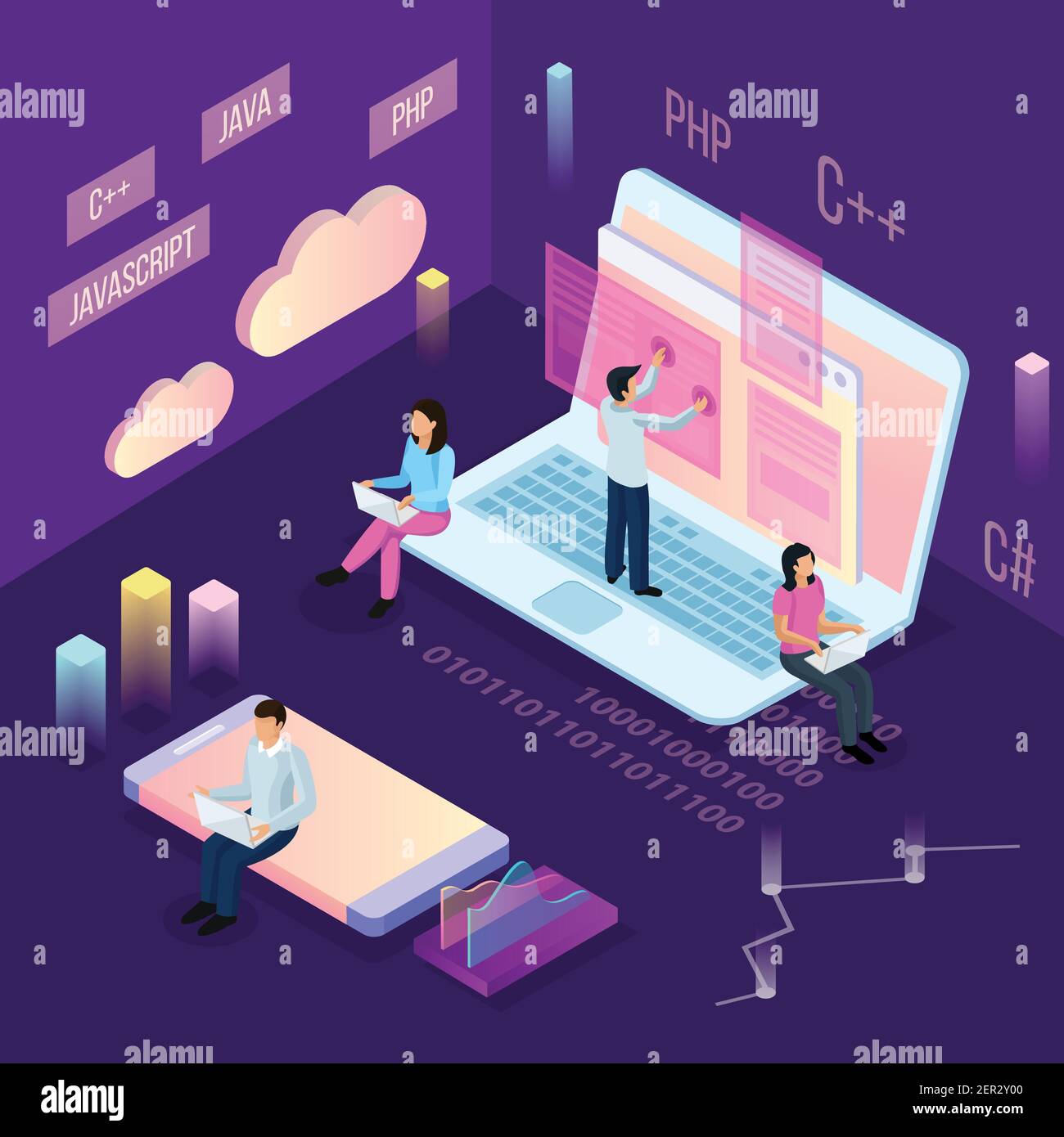 Freiberufliche Programmierung isometrische Komposition mit Menschen und konzeptionelles Cloud Computing Symbole mit finanziellen Bildern und menschlichen Zeichen Vektor illustrr Stock Vektor