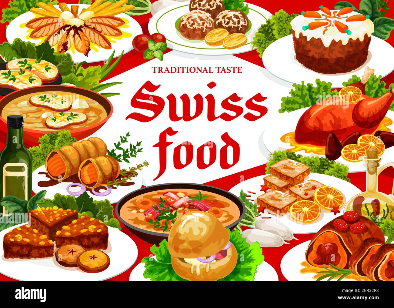 Schweizer Küche Restaurant Essen Vektor Poster. Lebkuchenleckerli, Karottenkuchen, Hühnchen im Teig oder Ente mit Orangen- und Perlgerste oder Käsesuppe, Stock Vektor