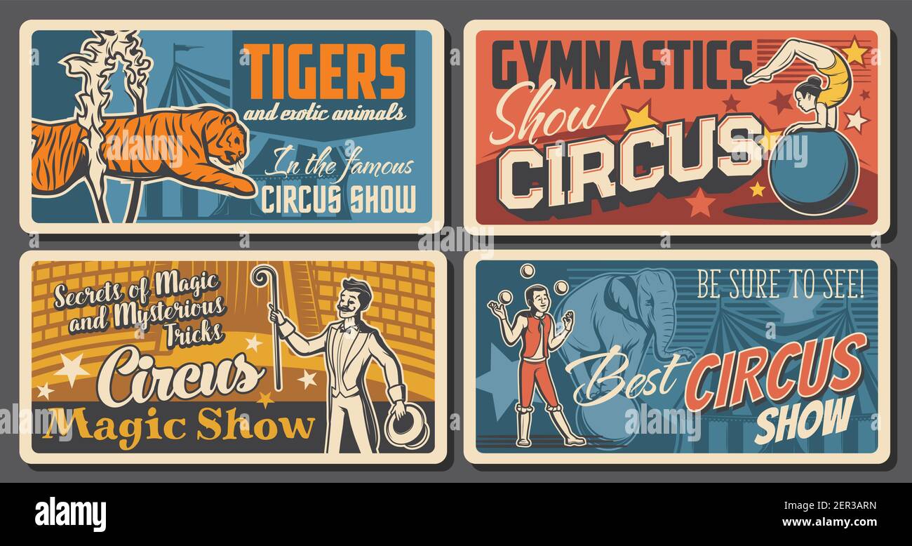 Zirkuskünstler und Künstler Retro Poster Set. Akrobaten balancieren auf ...