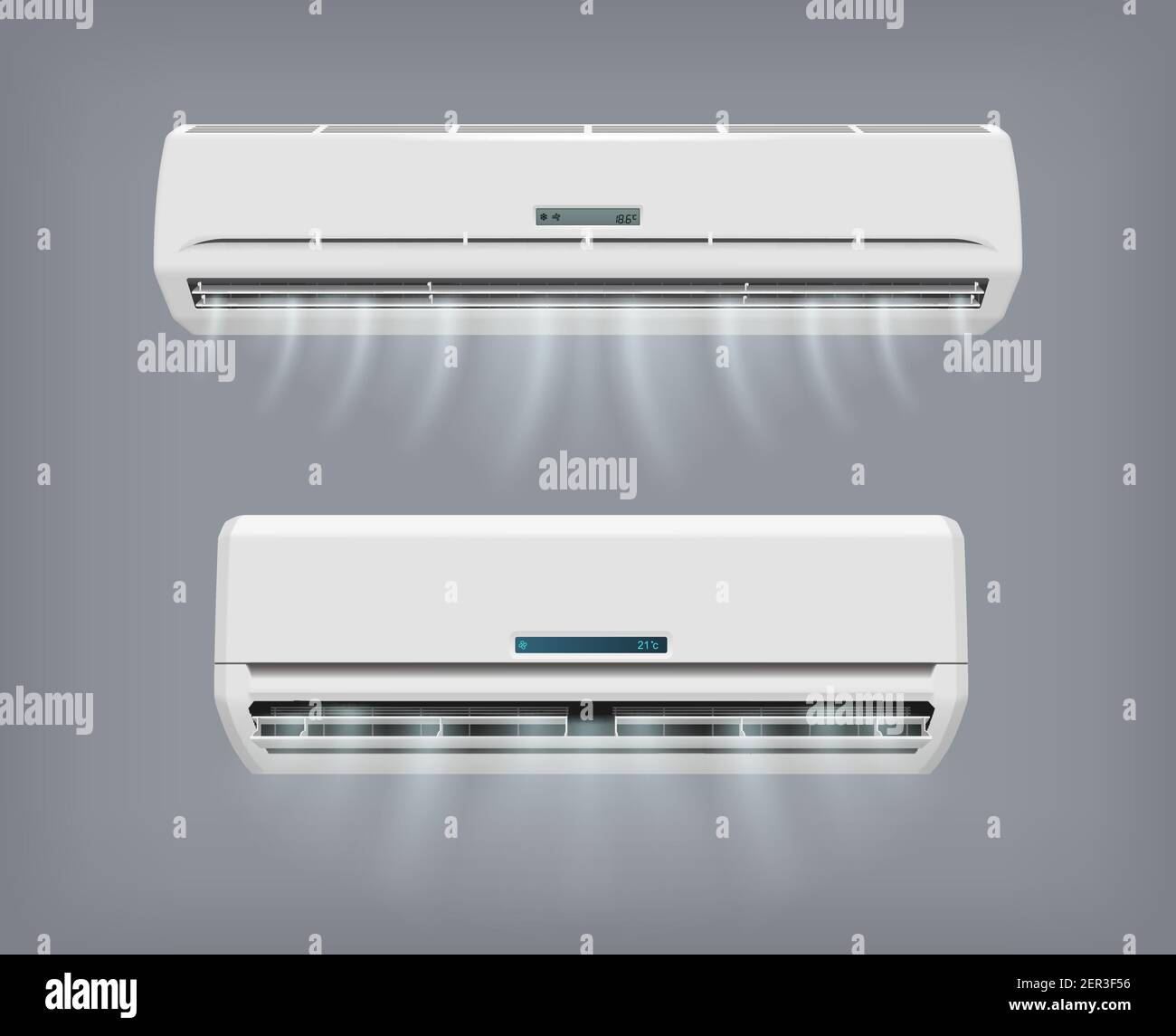 Klimaanlage Vektor-Gerät für die häusliche Klimaanlage. Arbeitsventilator mit Digitalpanel zeigt die Temperatur an, die mit kalter und warmer Luft gekühlt oder erhitzt wird. Ventilator Stock Vektor