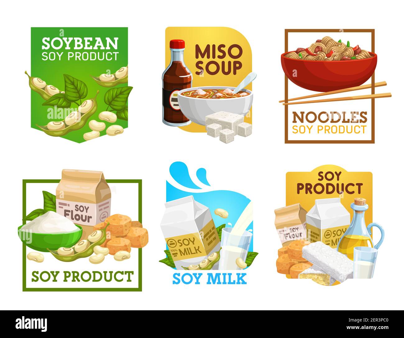 Soja-Lebensmittel und Sojabohnen-Produkte Vektor-Symbole. Misosuppe, Nudeln  und vegetarisches Mehl, Milch, Tempeh und Öl mit Sojasoße. Vegane  Ernährung, Tofu, Soja Stock-Vektorgrafik - Alamy