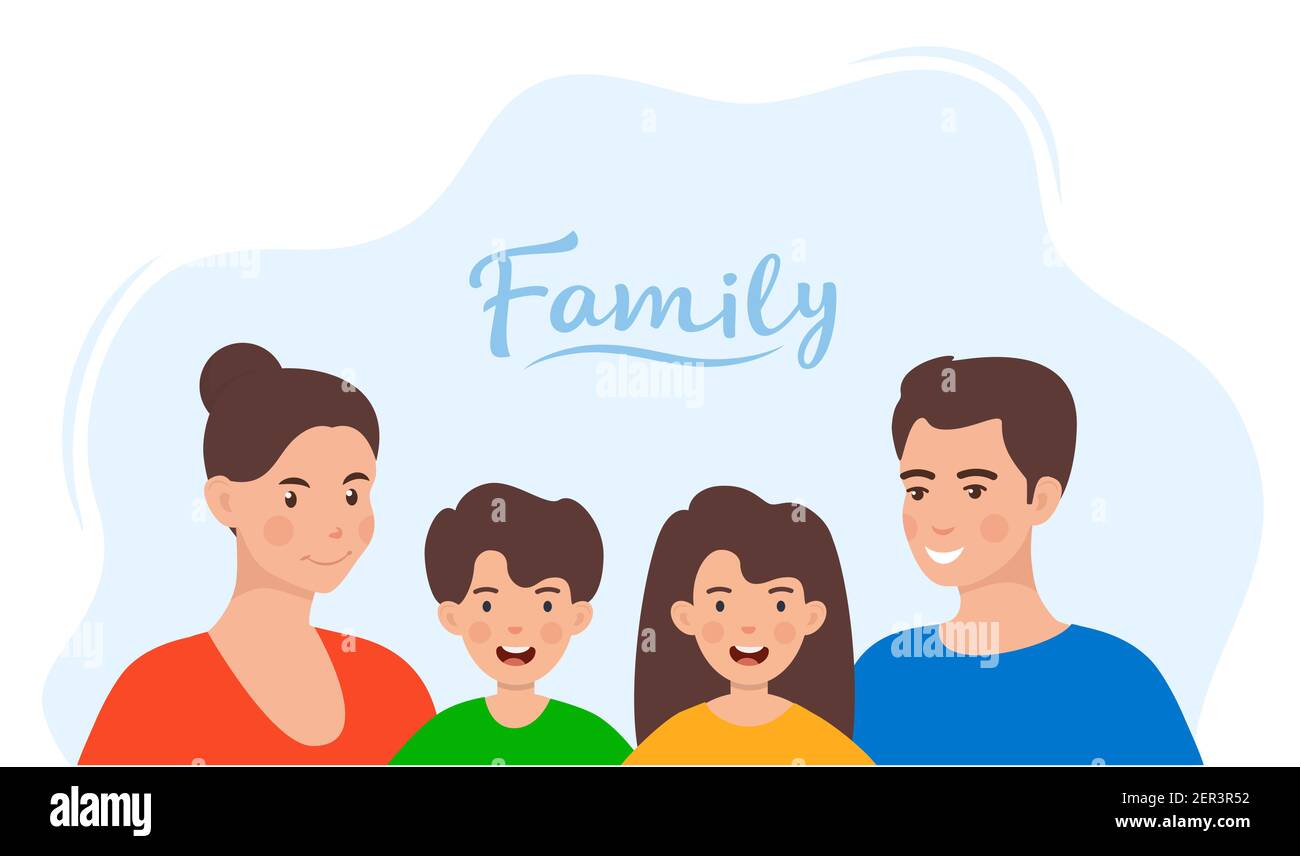 Nette Familie in bunten Kleidern. Familienportrait. Mutter, Vater, Sohn, Tochter glückliche Gesichter. Einfache Vektorgrafik im flachen Stil Stock Vektor