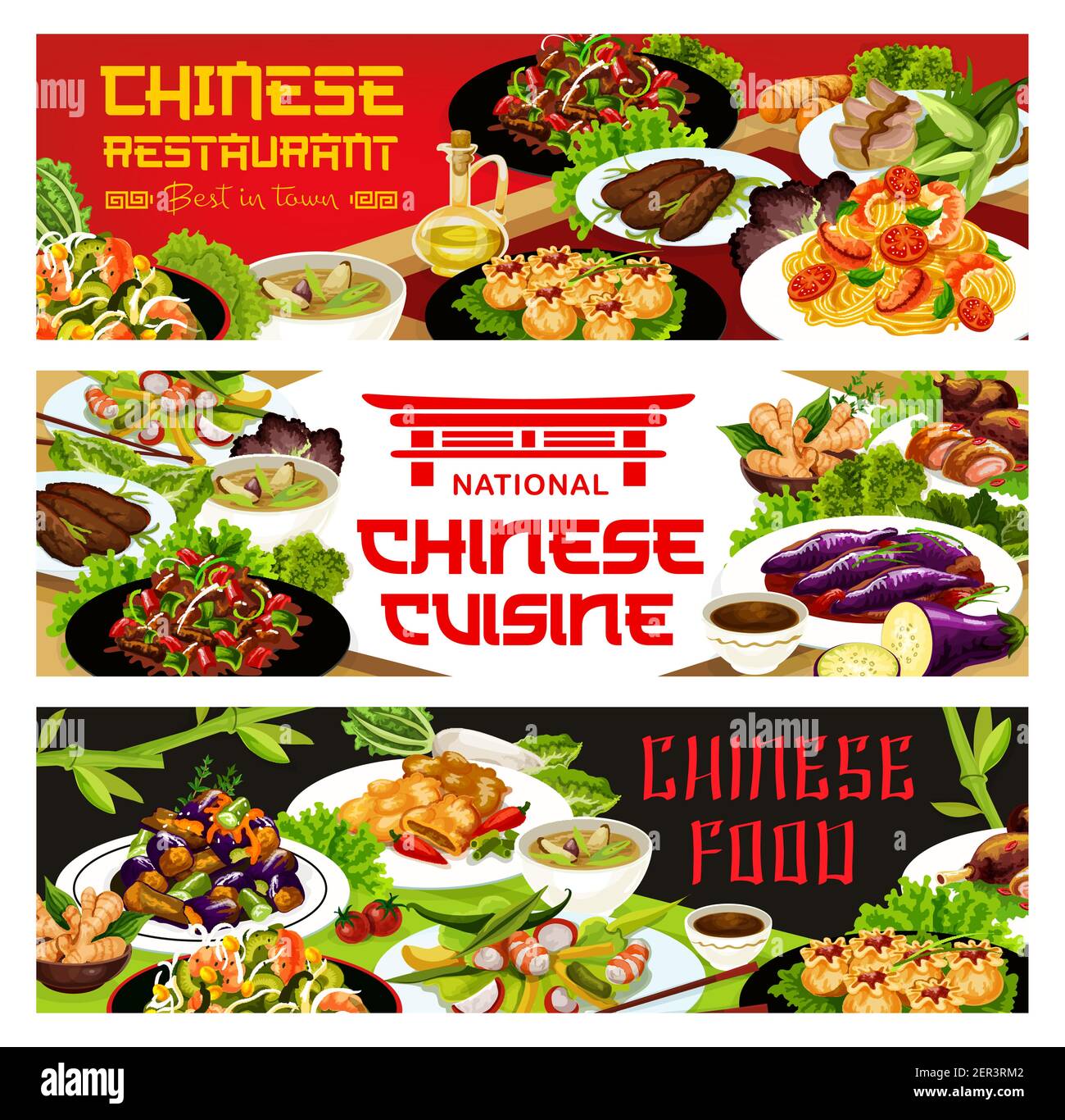 Chinesische Küche Restaurant Vektor Banner. Chinesische Aubergine, Salat mit Ente und Mango, gebratenes Rindfleisch und pekingente mit Sojasauce, Nudeln mit To Stock Vektor