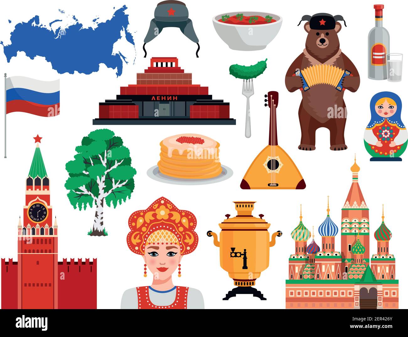Russland Reise Symbole Traditionen Wahrzeichen flache Set mit Pfannkuchen kreml Vodka Bär Borscht Birke Vektor Illustration Stock Vektor
