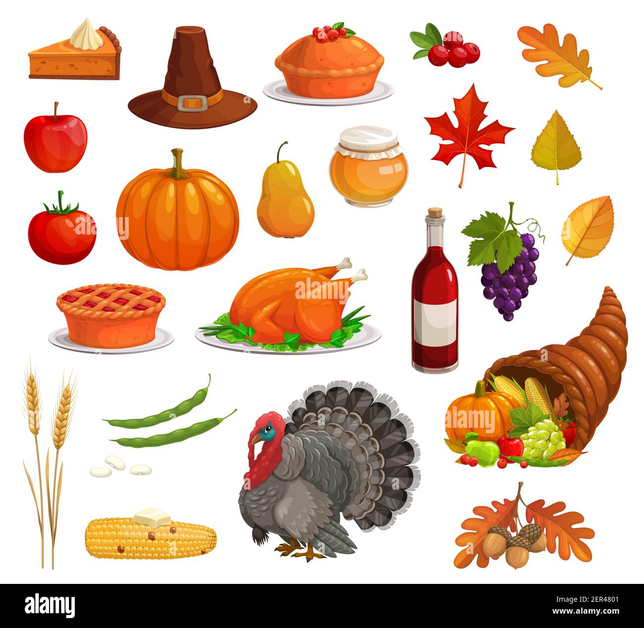 Thanksgiving Herbst Urlaub Vektor-Symbol-Set mit Cartoon türkei, Lebensmittel und Pilger Hut. Ernte Kürbis, Apfel und Kuchen, Füllhorn, gefallene Blätter, Mais Stock Vektor