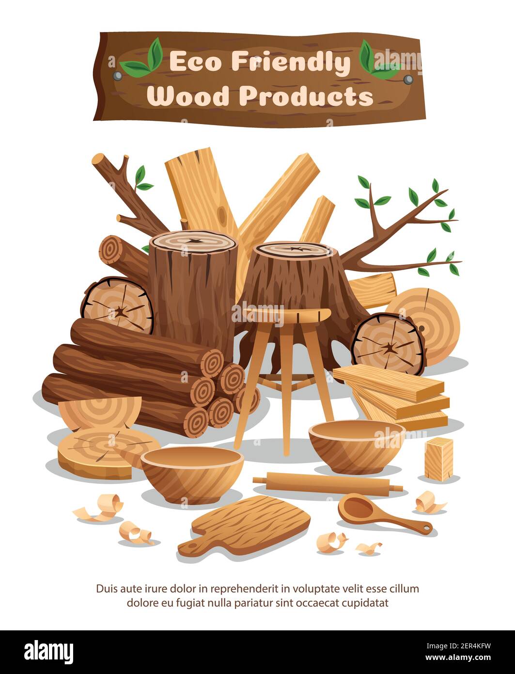 Holzindustrie Öko-Material und Produkte Werbung Komposition Poster mit Baum Stämme Bretter Schalen Löffel Vektor Illustration Stock Vektor