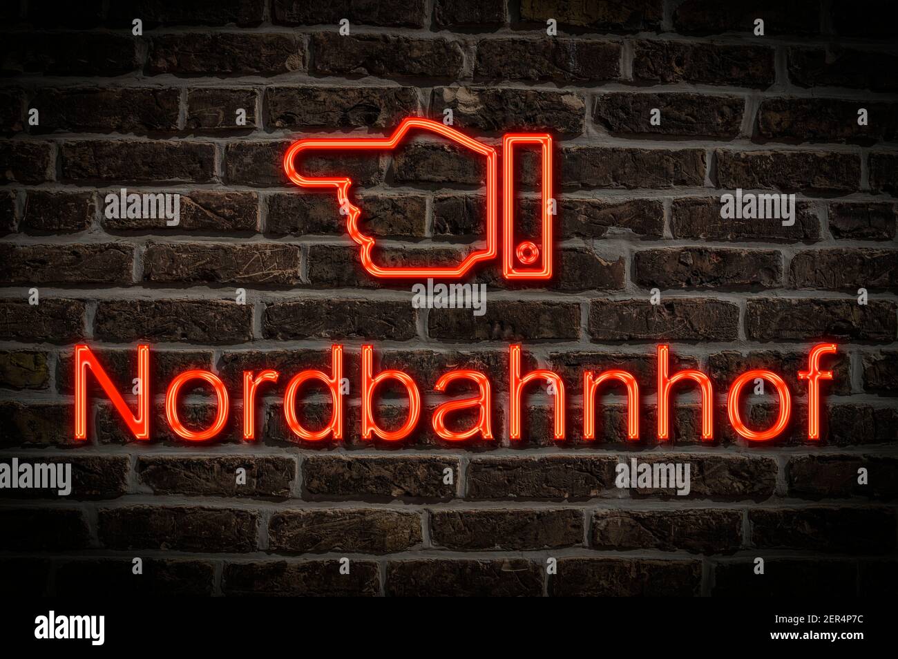 Detailfoto eines Neonschildes an einer Wand mit Die Inschrift Nordbahnhof (Nordbahnhof) Stockfoto