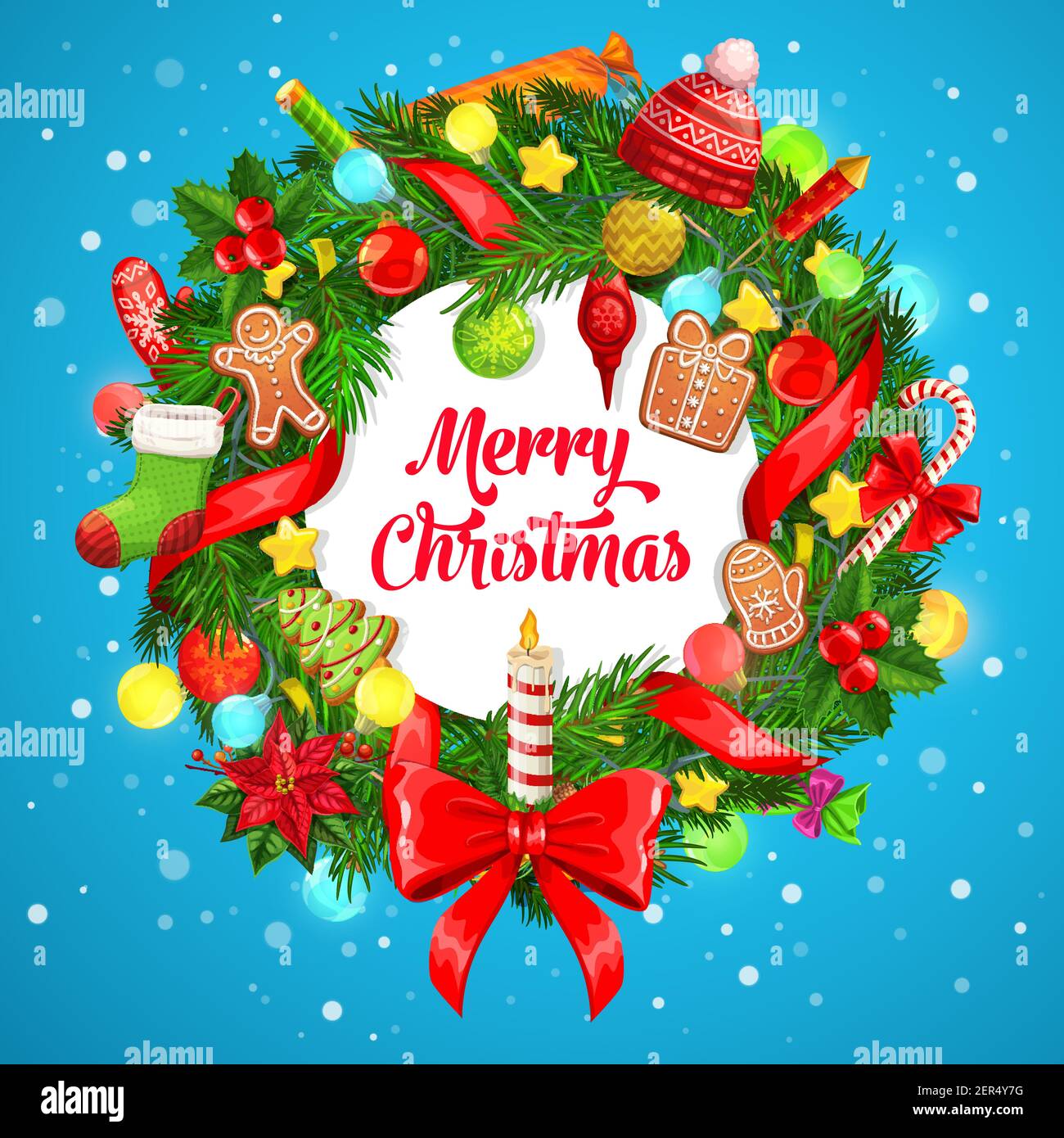 Weihnachtsbaum, Holly Beere und Weihnachten Geschenke Kranz Vektor Grußkarte. Winterurlaub Geschenke, Schnee und Sterne, rote Bänder, Strumpfsocke und candie Stock Vektor