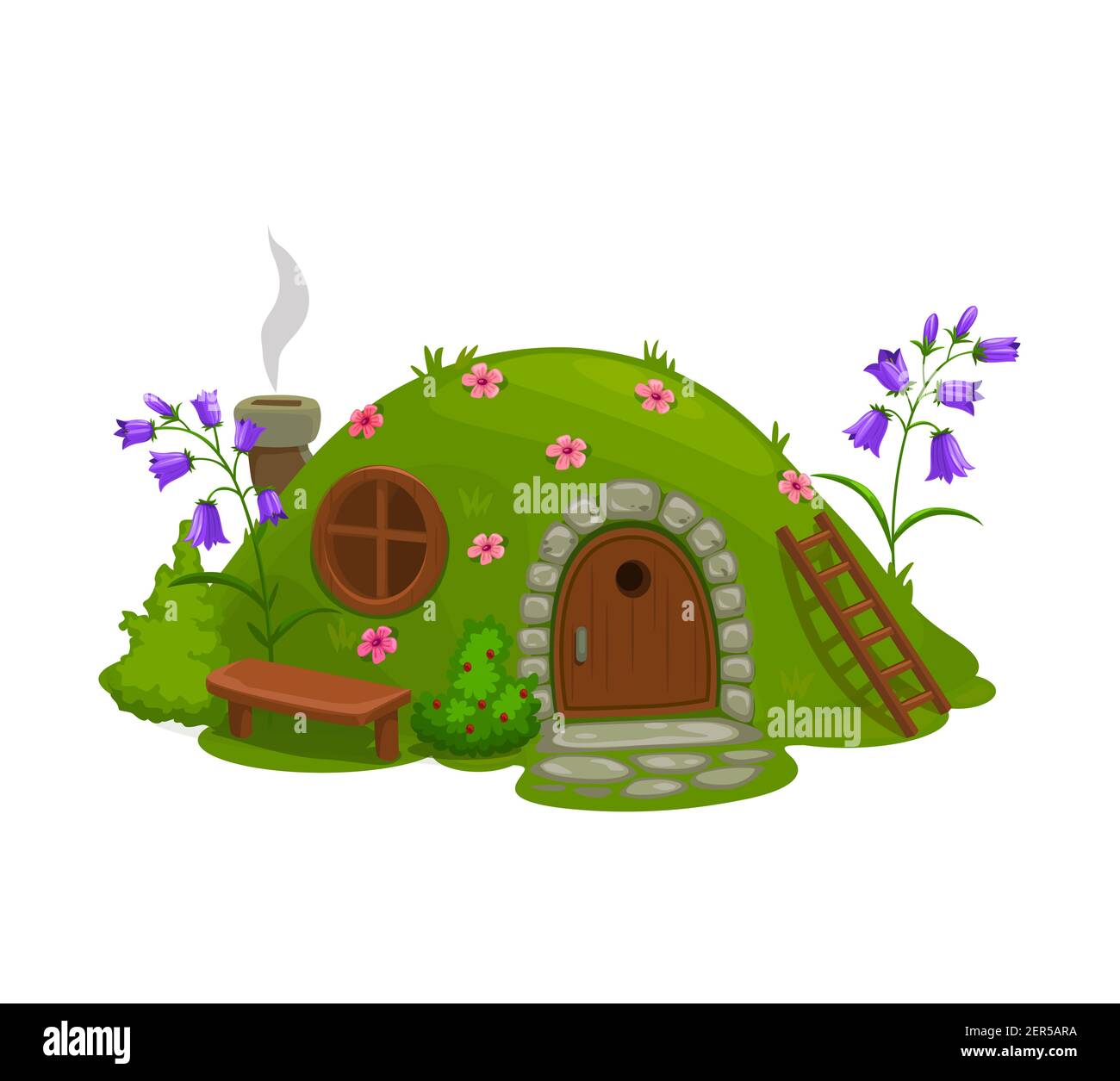 Zwerg oder Gnome Haus, Märchen Dugout Hütte Cartoon-Vektor. Feen oder magische Kreatur zu Hause in Hügel, bedeckt Gras und Blumen Loch, Hütte mit Holzdoo Stock Vektor