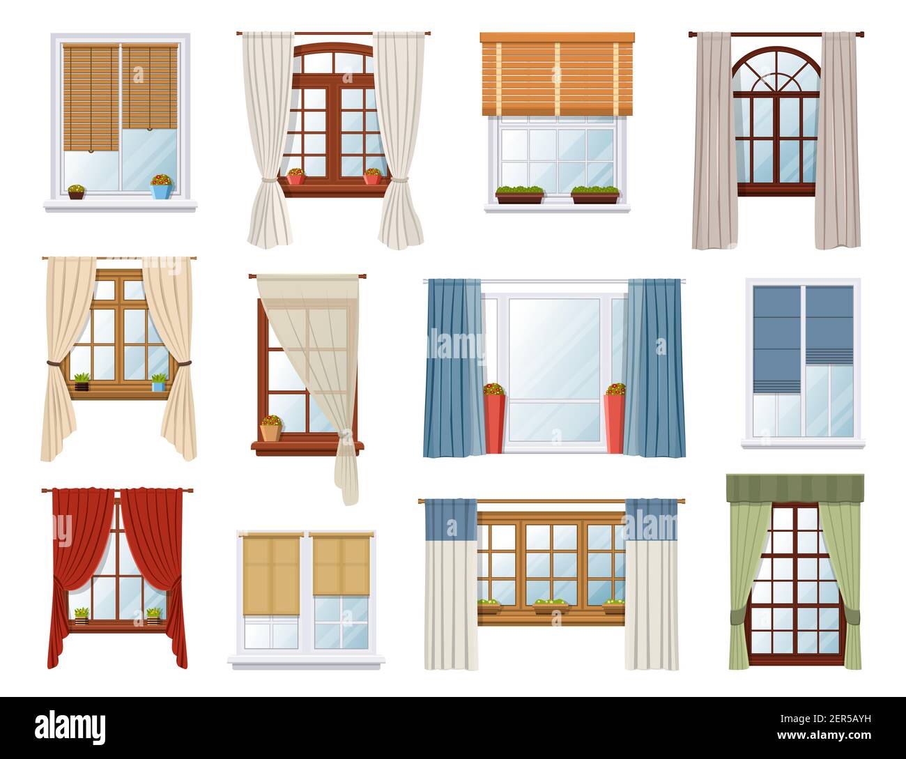 Fenster mit Vorhängen und Jalousie, Vektor-Interieur-Design-Elemente. Weiße  pvc und hölzerne braune Schweller, Kunststoff-Fensterrahmen mit Stoff  Vorhänge und Stock-Vektorgrafik - Alamy