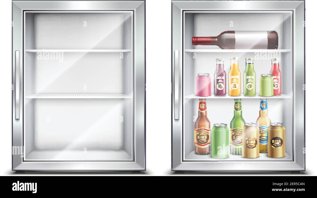 Kühlschrank Kühlschrank realistische Set mit zwei isolierten Bildern von  klein Gekühlte Minibar mit glänzenden Türvektoren Stock-Vektorgrafik - Alamy