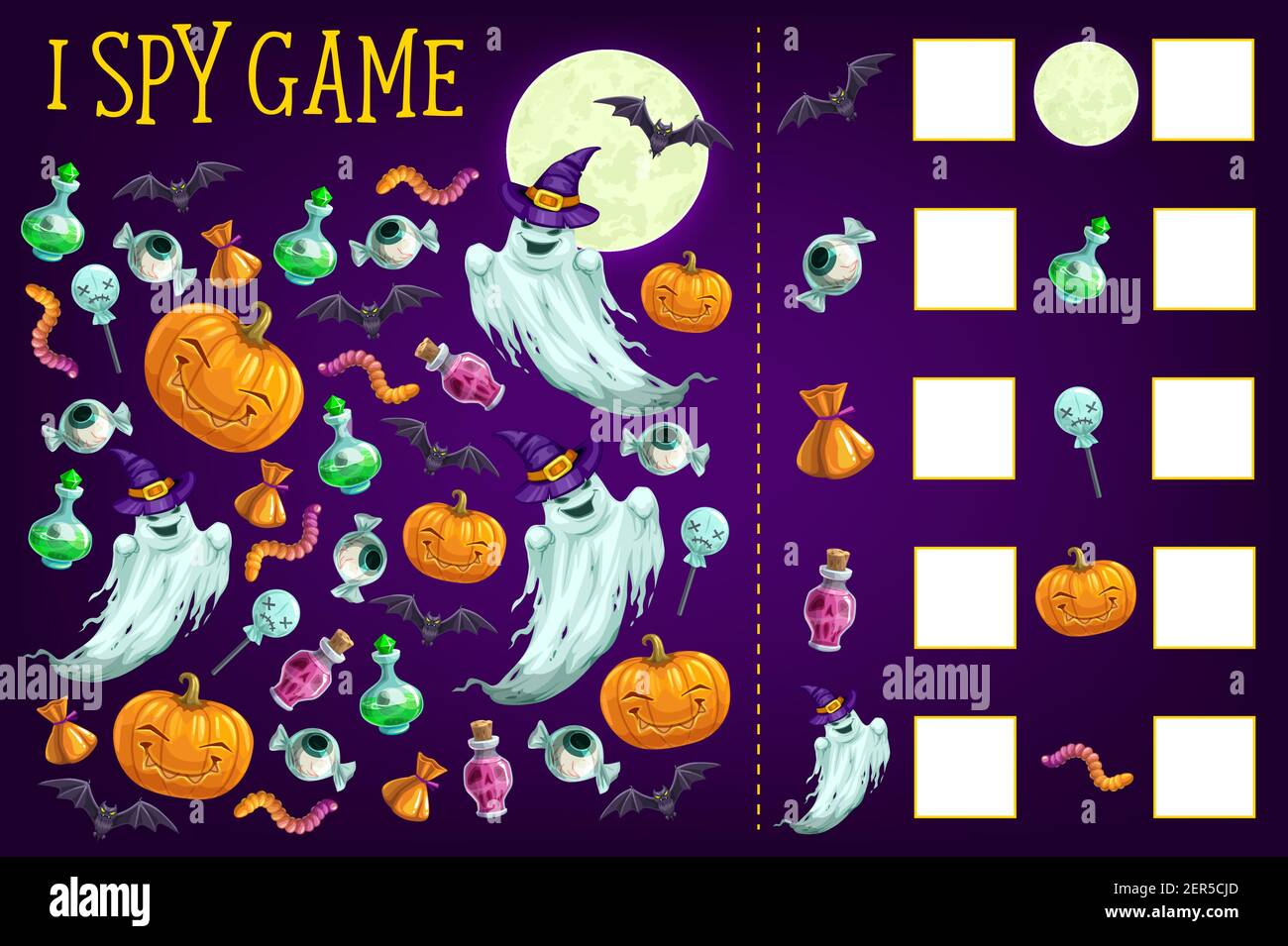 Ich spioniere Spiel Vektor-Vorlage von finden und zählen Halloween-Objekte. Kinder Bildung Puzzle und Kinder Zählen Arbeitsblatt mit Halloween Kürbisse, Geister, Stock Vektor
