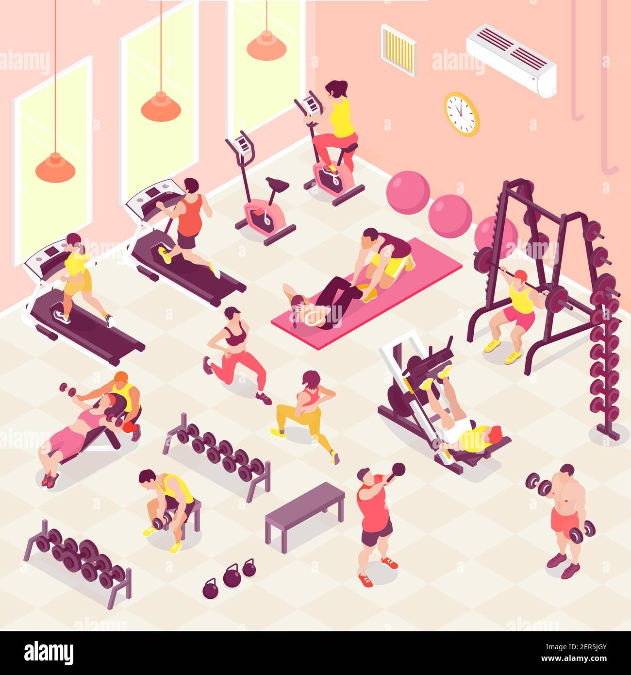 Männliche und weibliche Menschen tun Fitness Cardio-und Krafttraining In Gym 3D isometrische Vektor-Illustration Stock Vektor