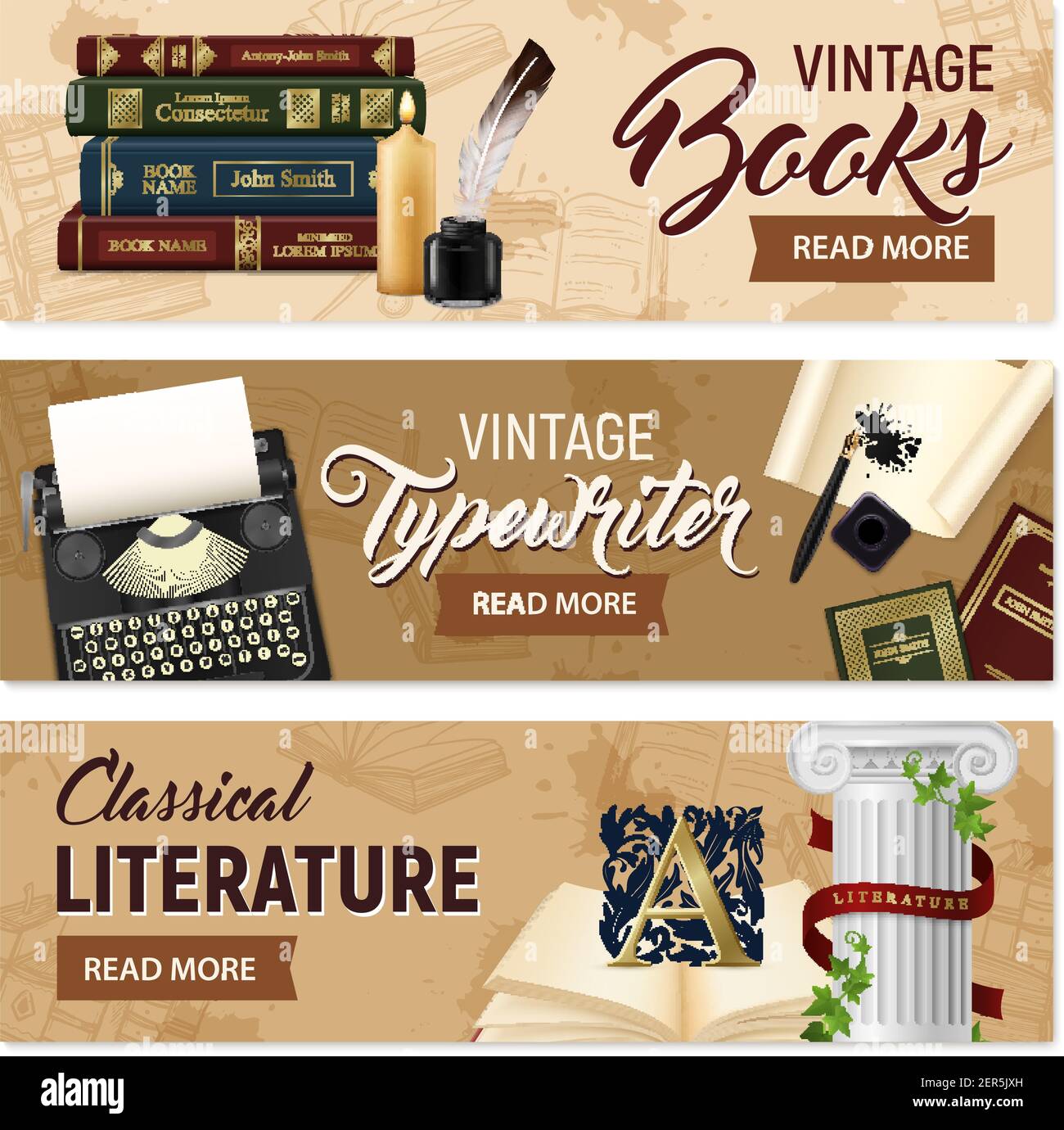 Set von horizontalen Bannern realistische Vintage-Bücher und Schreibmaschine klassisch Literatur auf beigem Hintergrund isolierte Vektor-Illustration Stock Vektor
