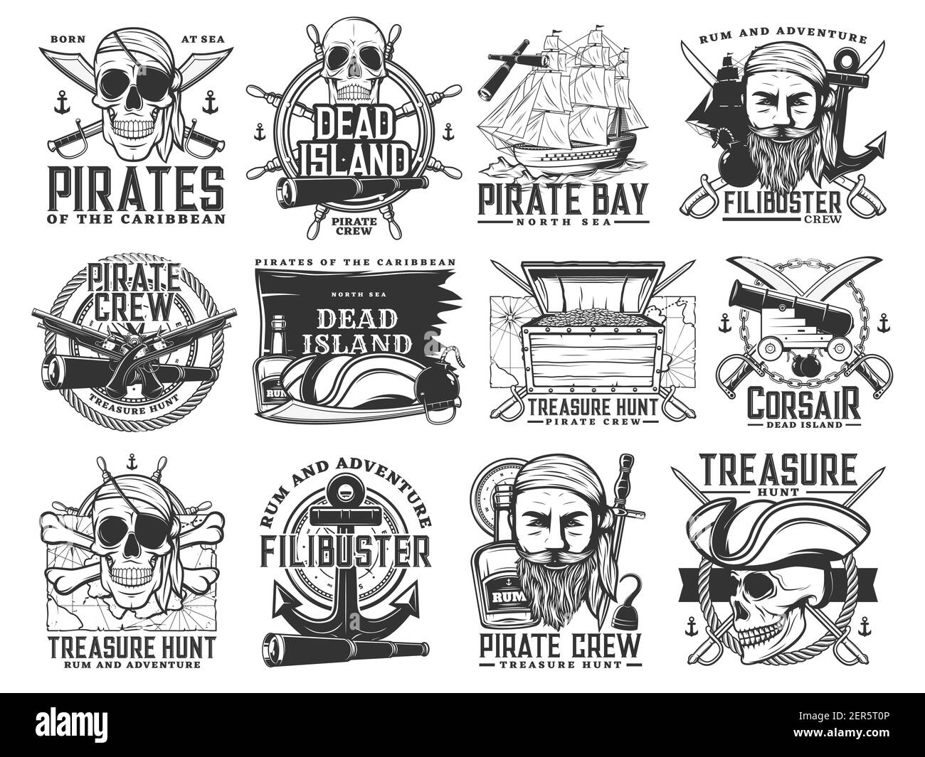 Piraten-Ikonen, Vektor Jolly Roger Schädel oder Skelett Köpfe, schwarze Flagge, Kapitän Tricorn Matrosenhut, gekreuzte Knochen, Schwerter oder Säbel und Anker mit Spion Stock Vektor