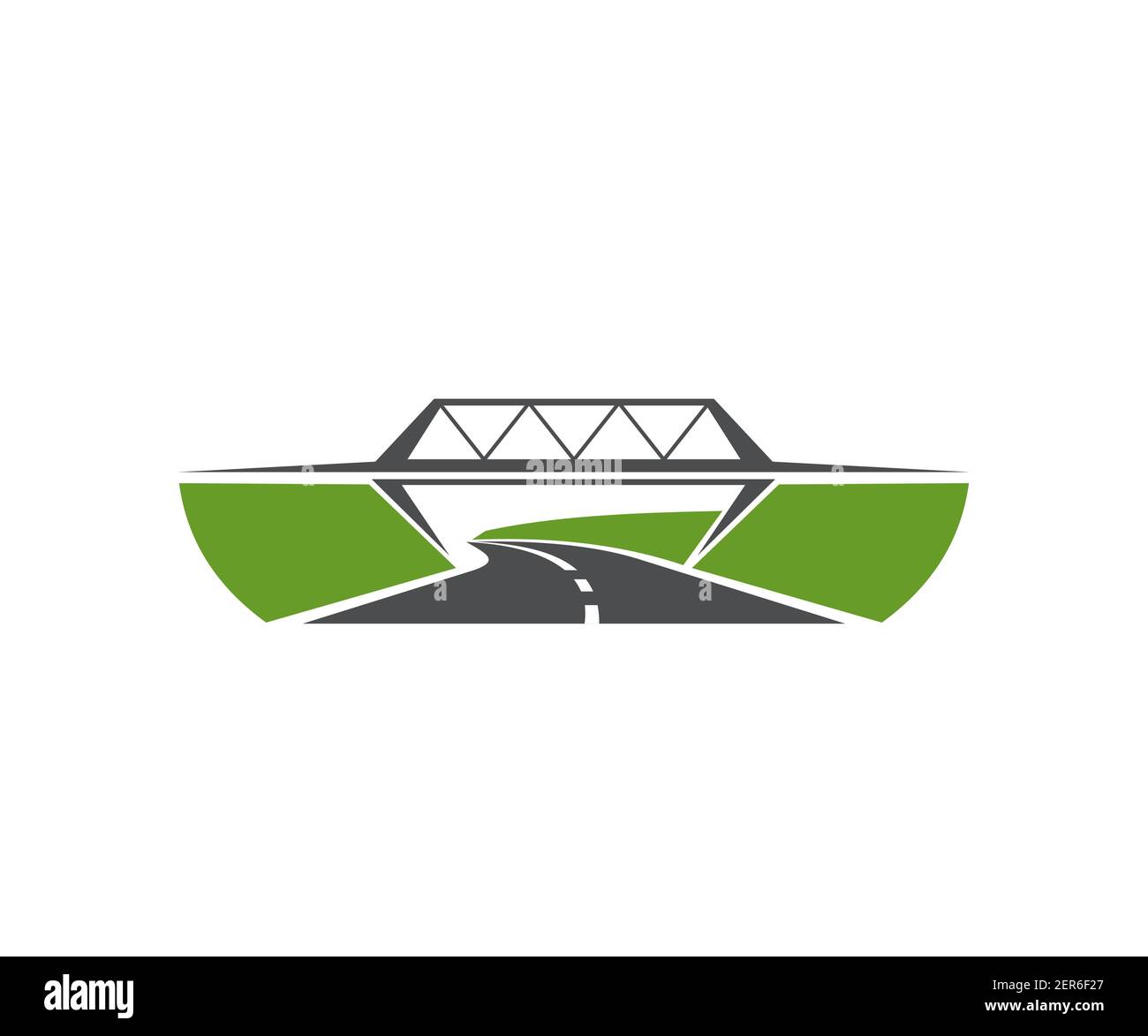Autobahnkreuz, Symbol für Straßenbrücke. Geschwindigkeit Autobahn, Asphalt Auffahrt und Autobahn durch Balken Brücke Vektor gekreuzt. Verkehrsinfrastruktur el Stock Vektor