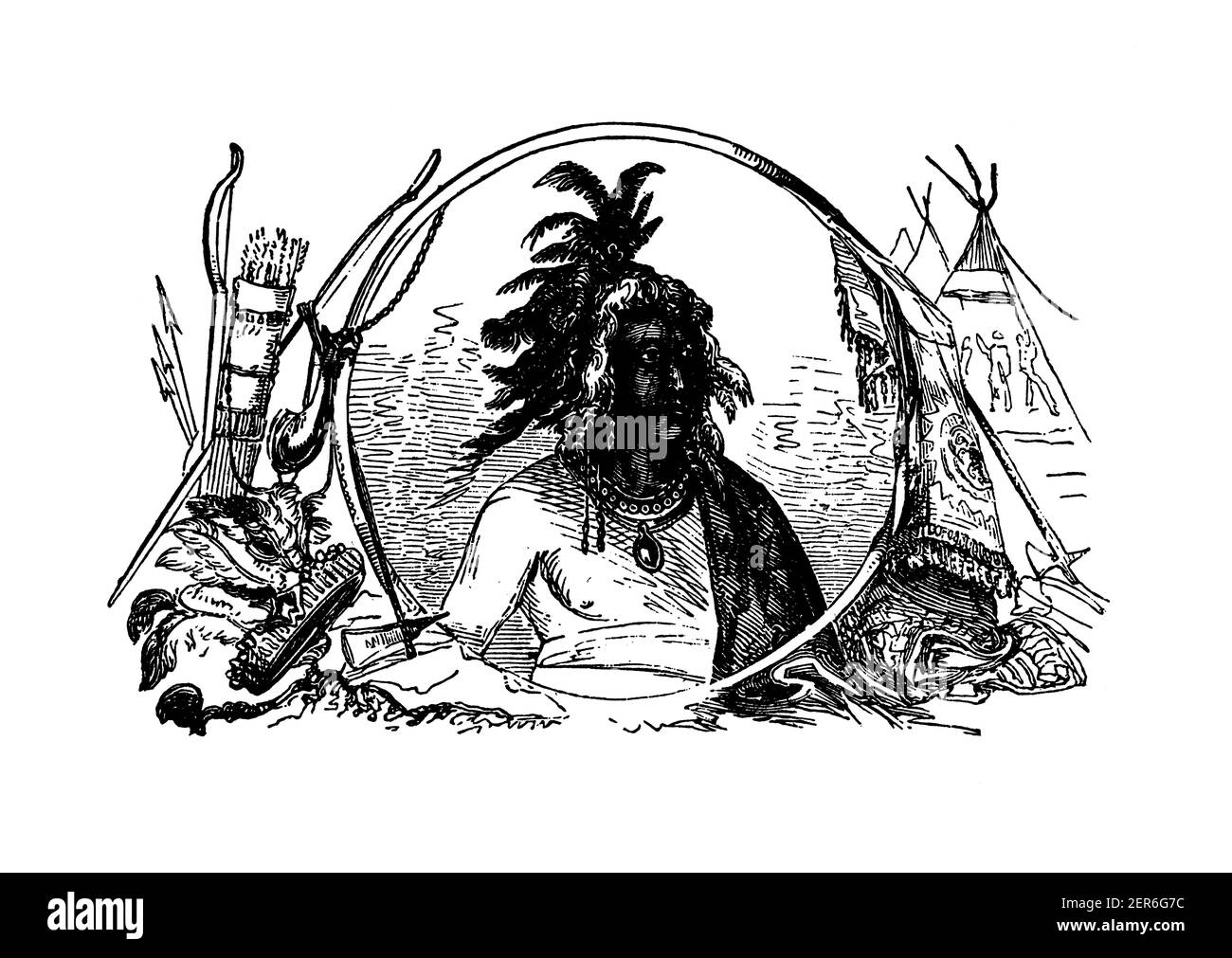 Halblanges Porträt von Tanacharison, dem amerikanischen indischen Führer, der George Washingtons Armee während des Französisch- und Indianerkrieges half. Tanacharison war bo Stockfoto