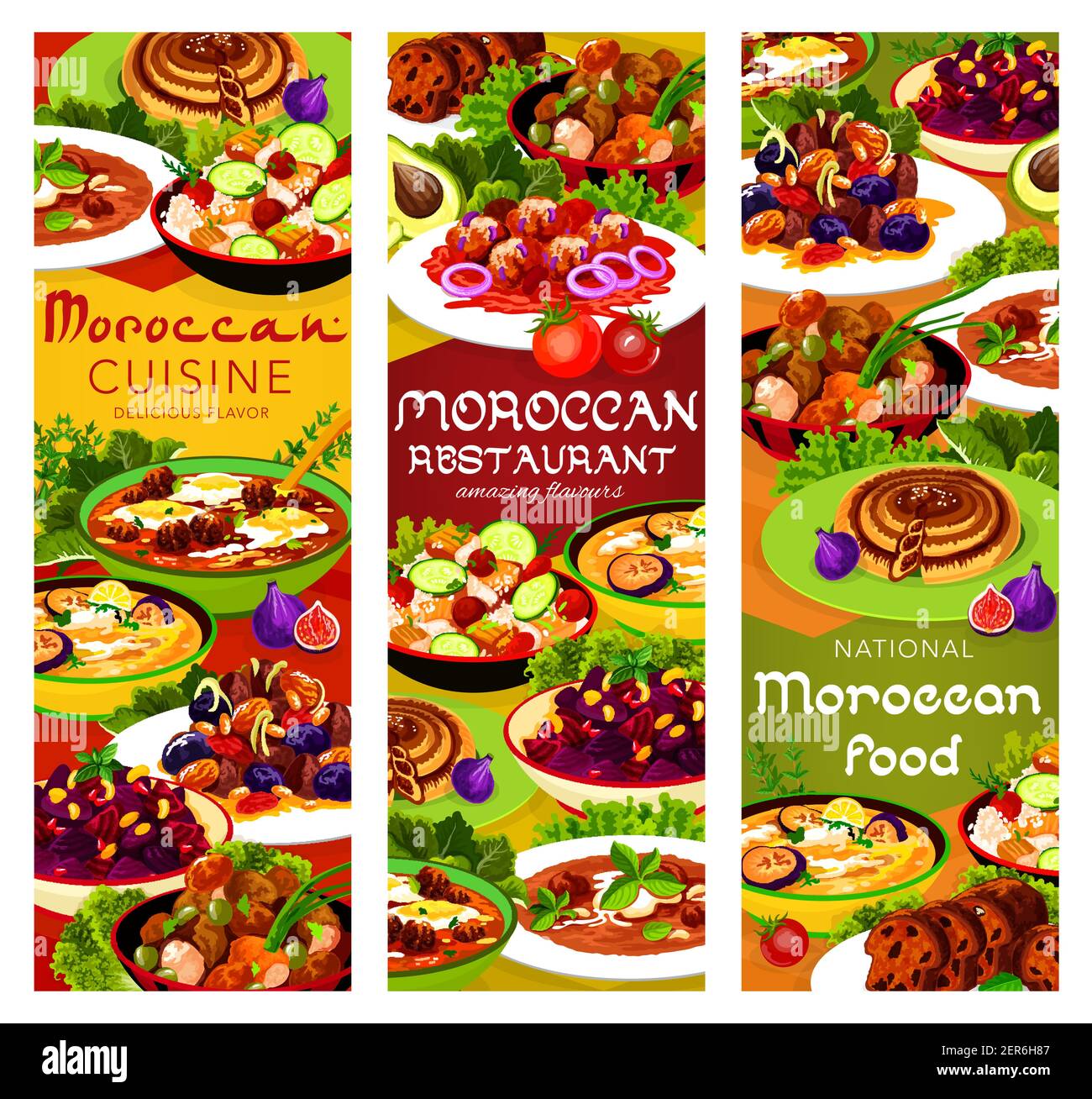 Marokkanische Lebensmittel Vektor Fleisch mit Pflaumen und Mandel,  Granatapfel Rote Beete Salat und Hühnersuppe. Couscous Salat mit Gemüse,  Balkan kalte Auberginen so Stock-Vektorgrafik - Alamy