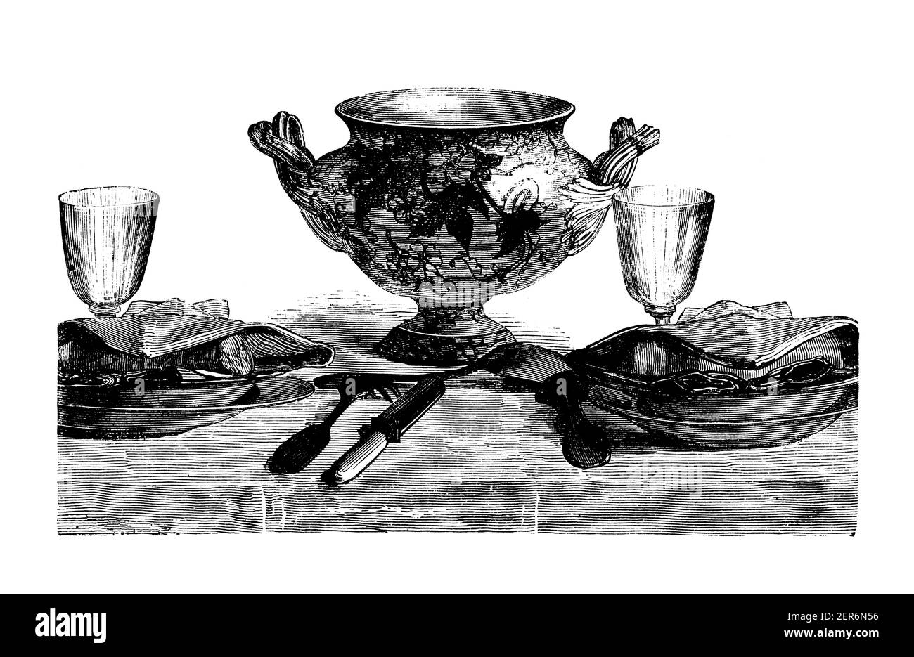 Antike Illustration der Tischanordnung. Veröffentlicht in Le livre de cuisine, par Jules Goufe, Librarie Hachette et Cie (Paris, 1874). Stockfoto