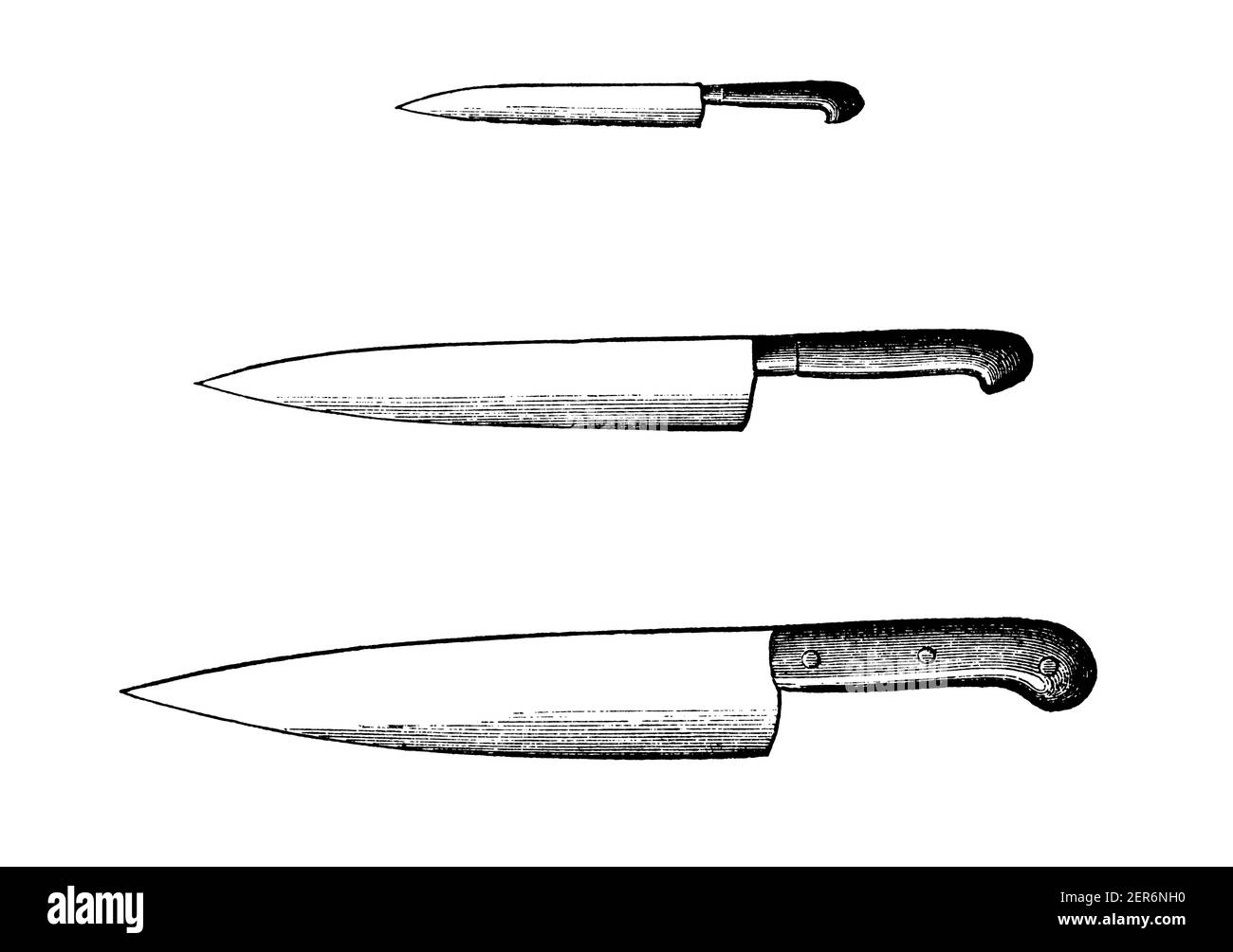 Antike Illustration von Küchenmessern. Veröffentlicht in Le livre de cuisine, par Jules Goufe, Librarie Hachette et Cie (Paris, 1874). Stockfoto