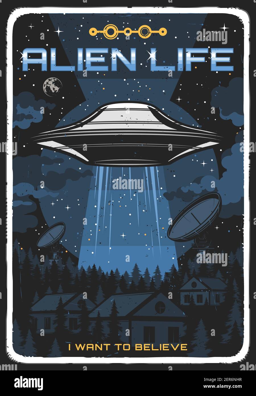 Retro Poster mit ufo beleuchten Häuser bei Nacht. Vector Alien Untertasse in Sternenhimmel erkunden menschliches Leben auf der Erde. Außerirdischer Komer aus dem äußeren Spa Stock Vektor