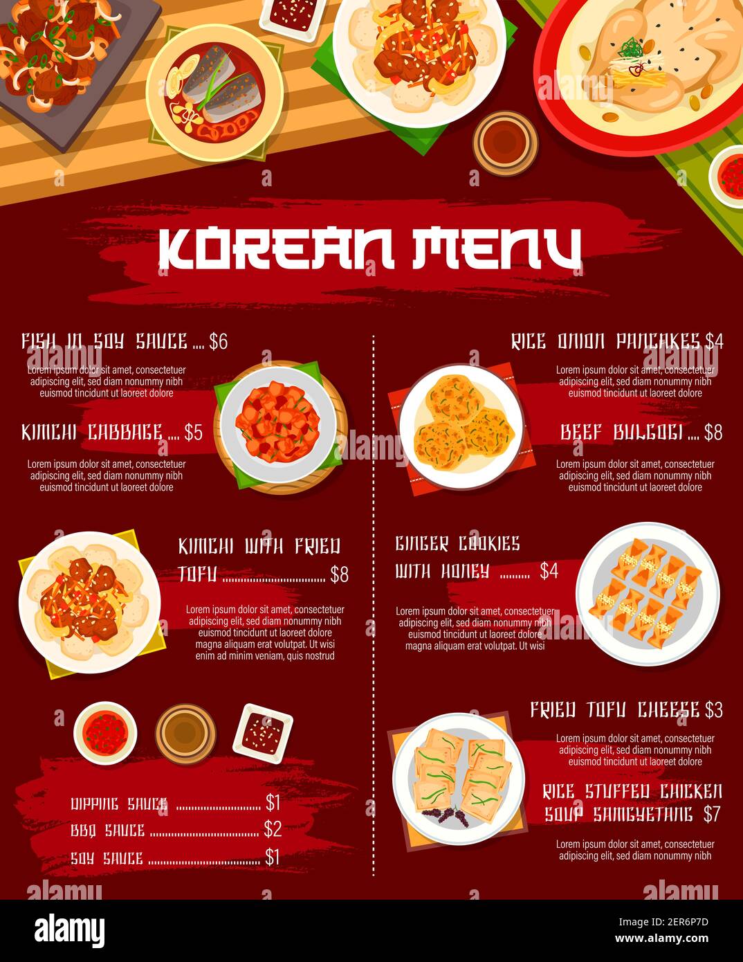Koreanische Küche Essen Menü Mahlzeiten und Gerichte, Korea Restaurant traditionelle Abendessen und Mittagessen Vektor. Koreanische traditionelle Küche Menü für Fisch in Sojasauce Stock Vektor