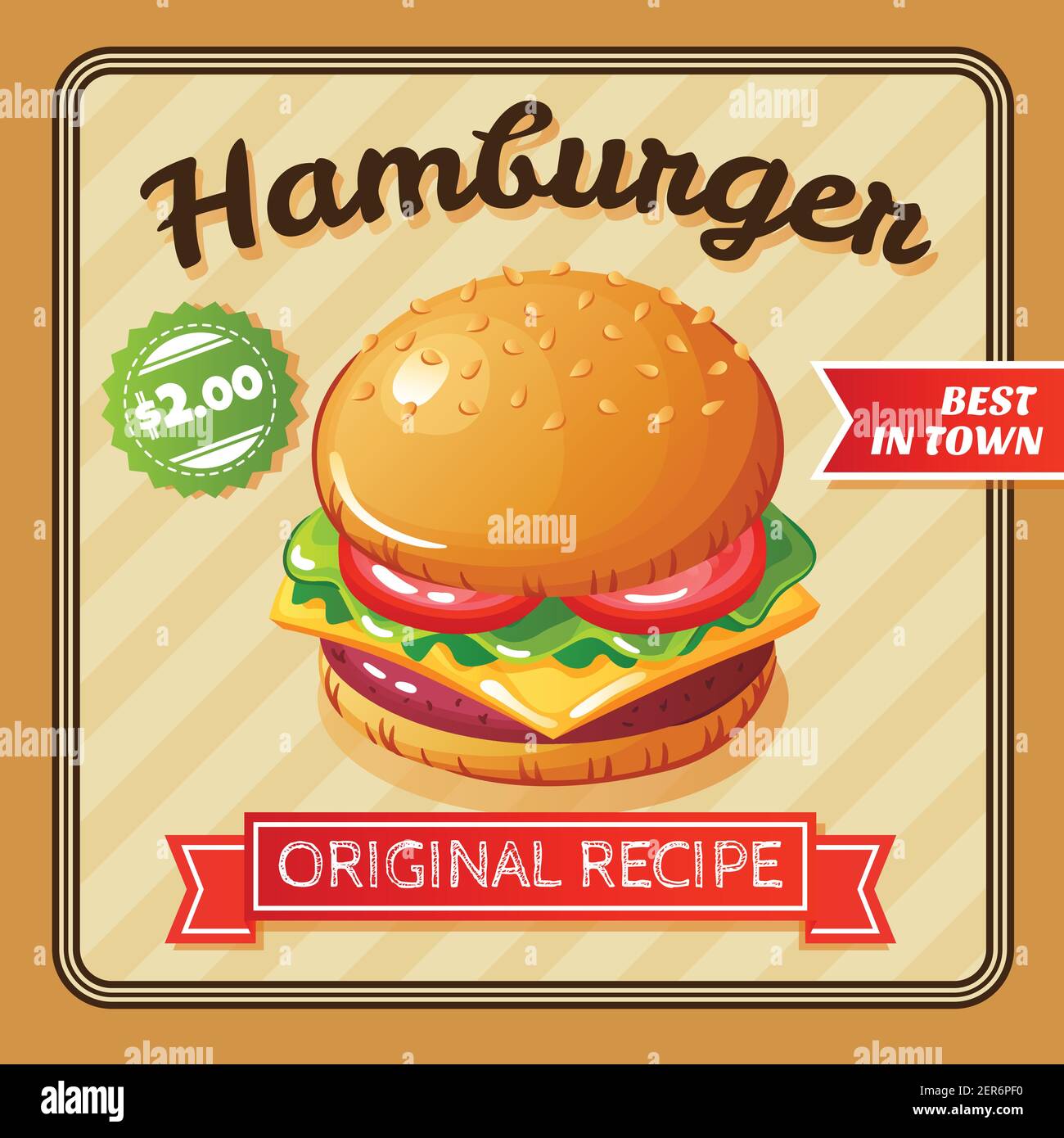 Flaches Poster mit köstlichem Hamburger mit Käse und Gemüse vektorgrafik Stock Vektor
