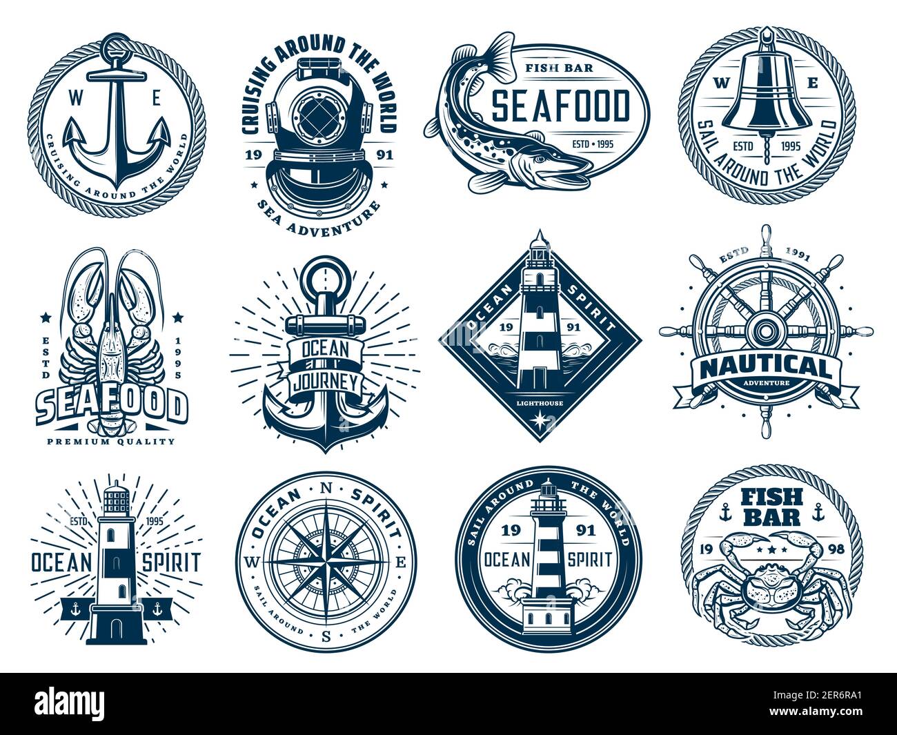 Nautischer Anker, Schiffsruder, Leuchtturm und Fisch, Vektor-Meereswellen-Ikonen oder T-Shirt-Drucke. Seesegeln Navigationskompass, Meeresfrüchte Bar Hummer cra Stock Vektor