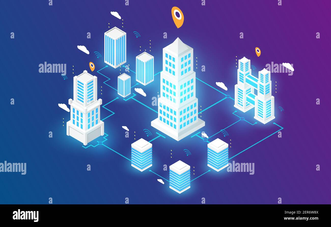 Isometrische Smart City connectin Landescape.Futuristic Concept.Vector und illsutration Stock Vektor