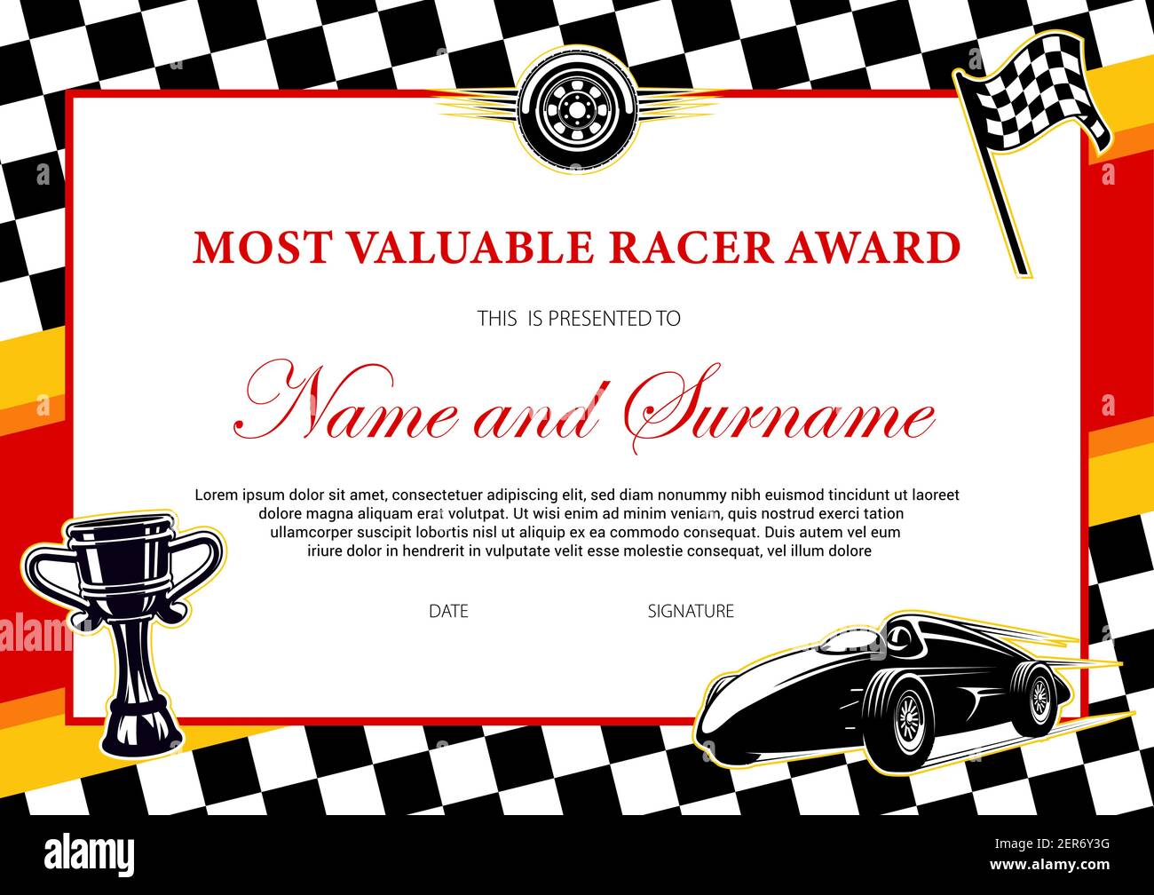 Autorennen Gewinner Zertifikat oder Diplom-Preis für Rennfahrer, Vektor-Vorlage mit Finish Flag Rahmen. Rallye Sport Meisterschaft Cup Sieg Auszeichnung Diplom oder Stock Vektor