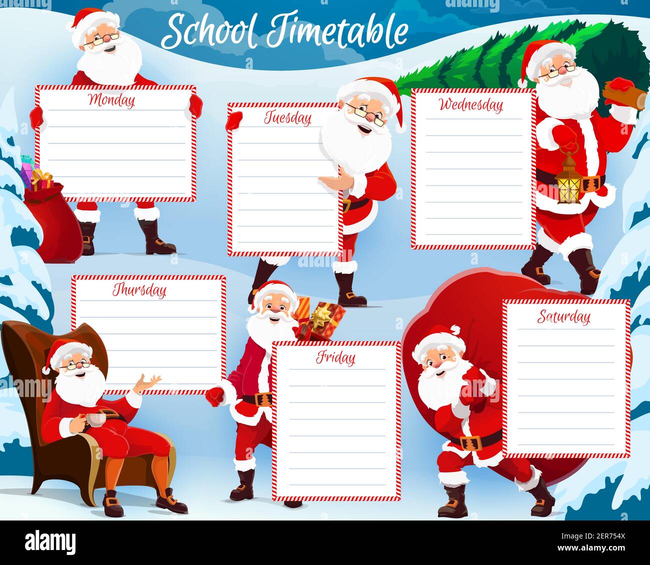 Weihnachtsferien Kinder Planer, Schulplan mit glücklichen Weihnachtsmann. St. Nikolaus oder Santa Claus Charakter sitzt im Sessel mit einer Tasse Tee, tragen Stock Vektor