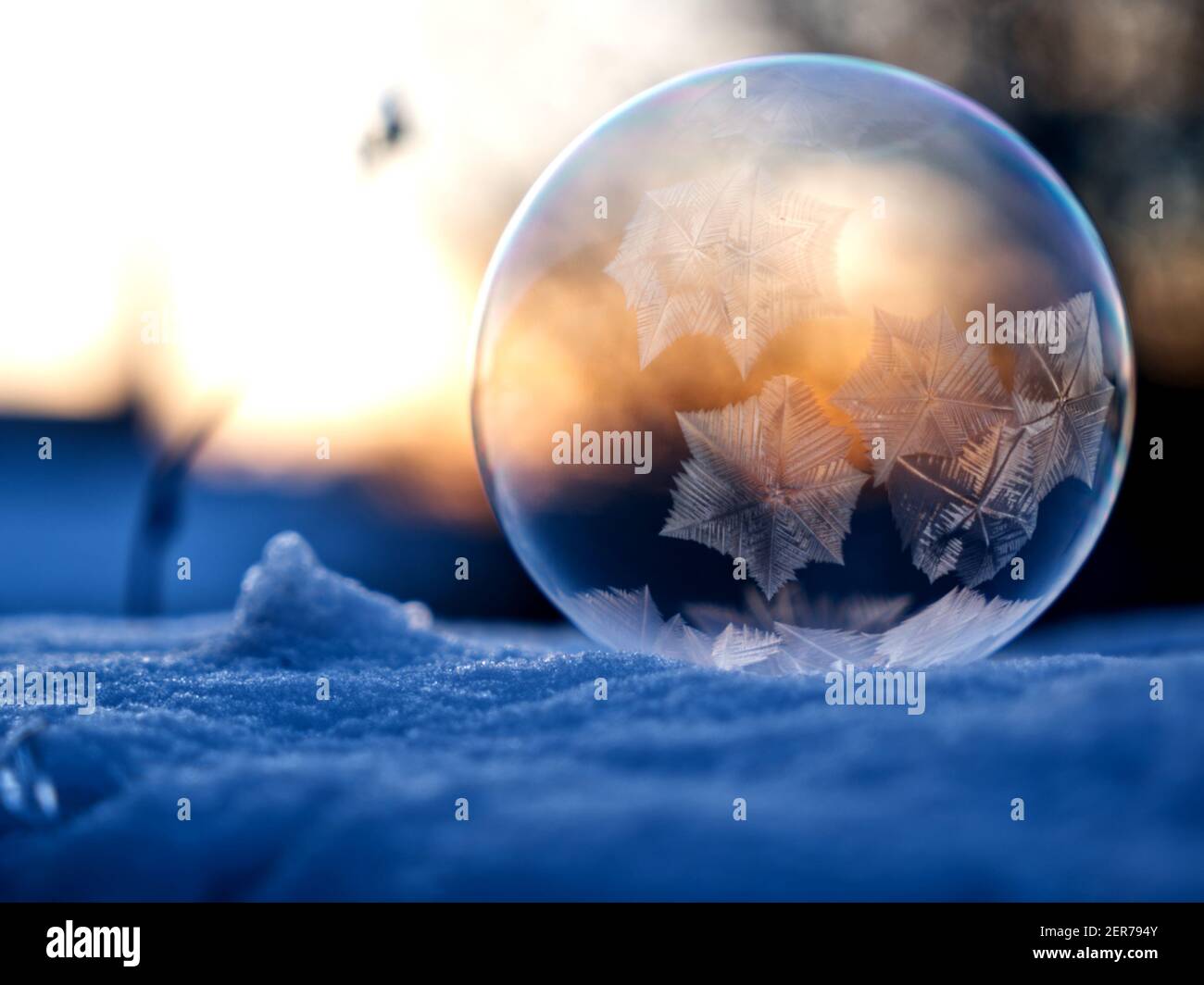 Eiskristalle auf der Oberfläche einer eisgekühlten Seifenblase im Winter bei Sonnenuntergang. Stockfoto